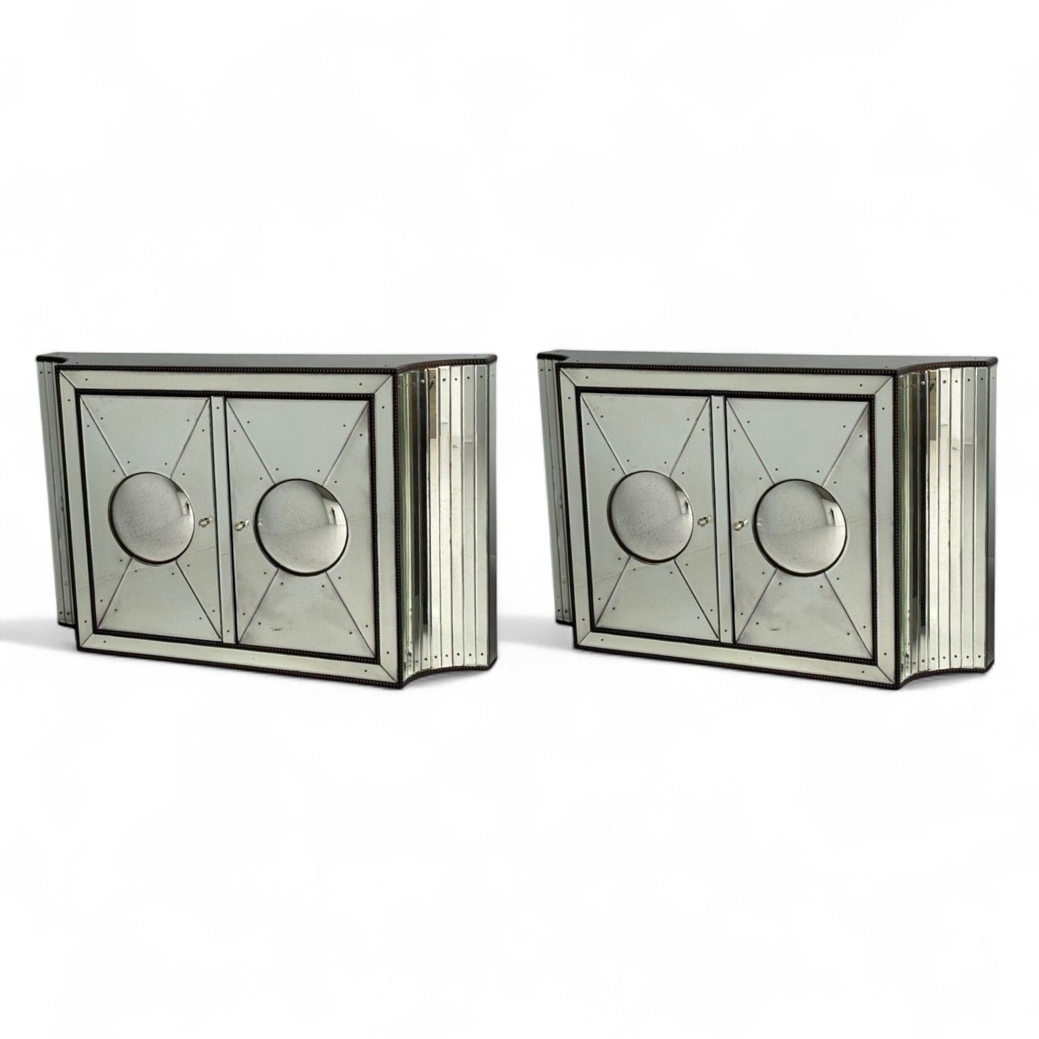 Art Deco Style, Antique Glass, Painted Wood, Concave Mirrored Cabinets