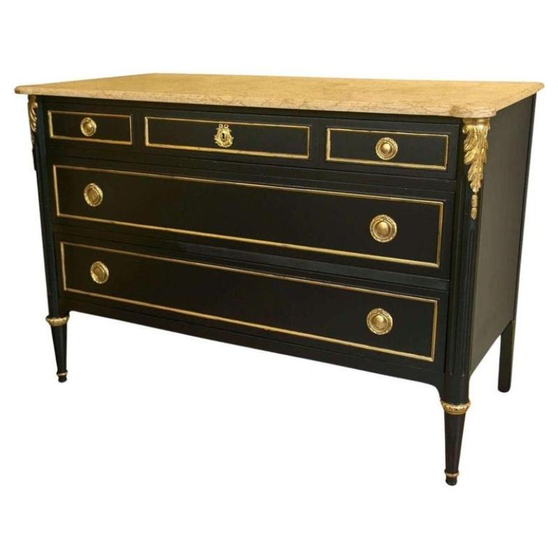 Hollywood Regency Maison Jansen Stamped Ebony Chest / Commode, Marble Top
