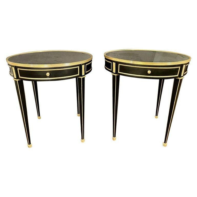 Hollywood Regency Ebony Bouillote or End Tables, Manner Jansen Mirror Tops, Pair