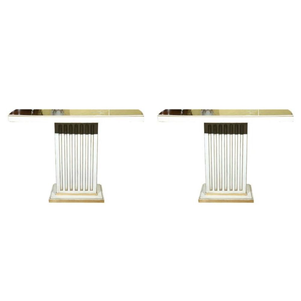 Jansen Painted & Eglomise Console Tables Glass Atop White Painted and Parcel Gilt Frieze - a Pair