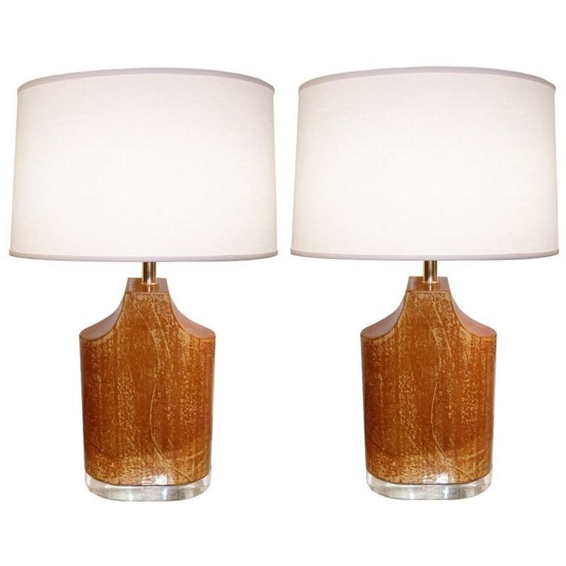 Pair Mid Century Modern Table Lamps, Goatskin and Lucite, Manner Karl Springer
