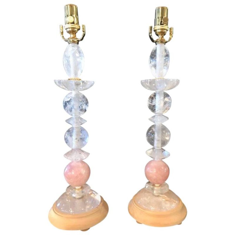 Rock Crystal Art Deco Ball and Plate Shaped Table Lamps - a Pair