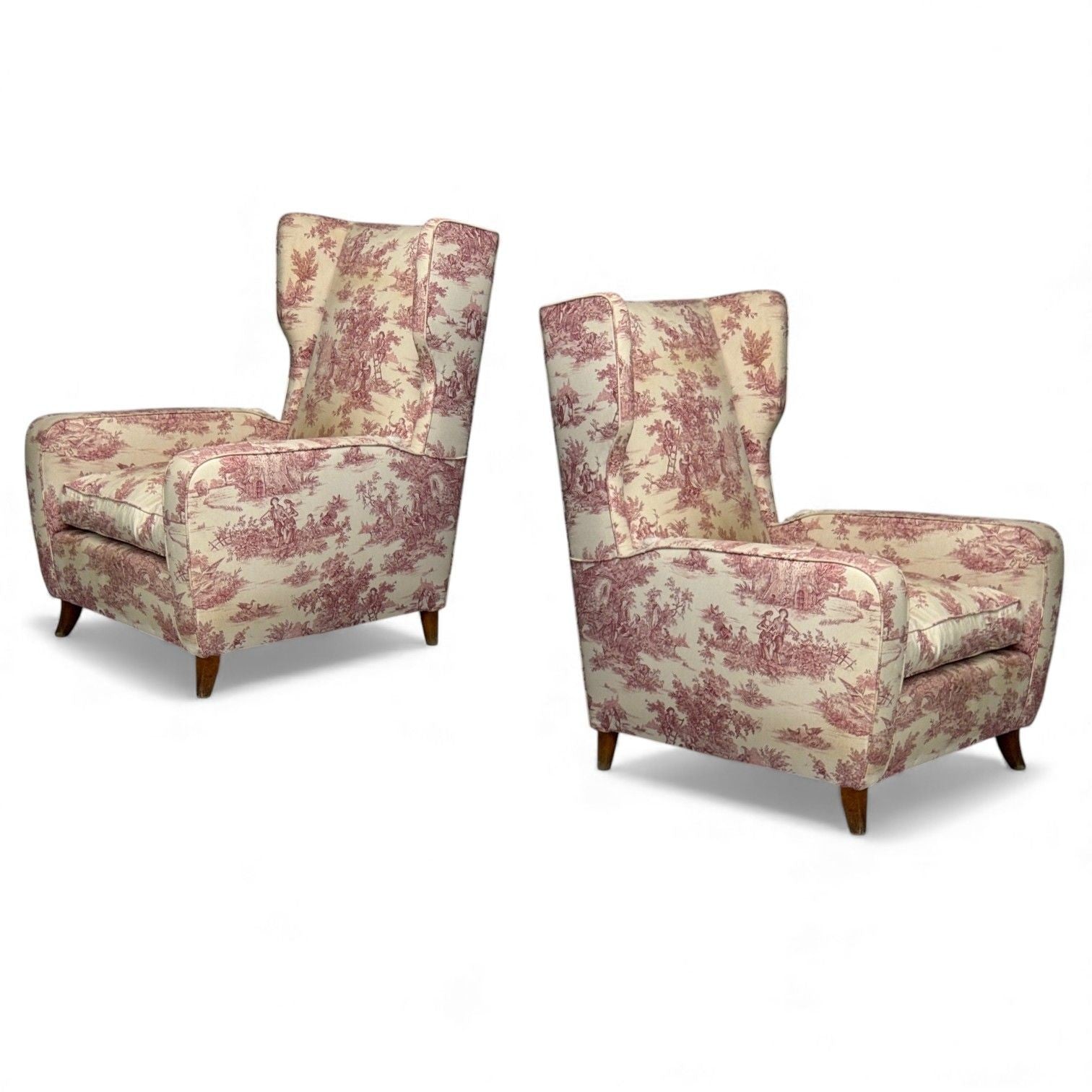 Italian Modern, Ashwood, Fabric, Large Wingback Chairs, Italy, 1950s