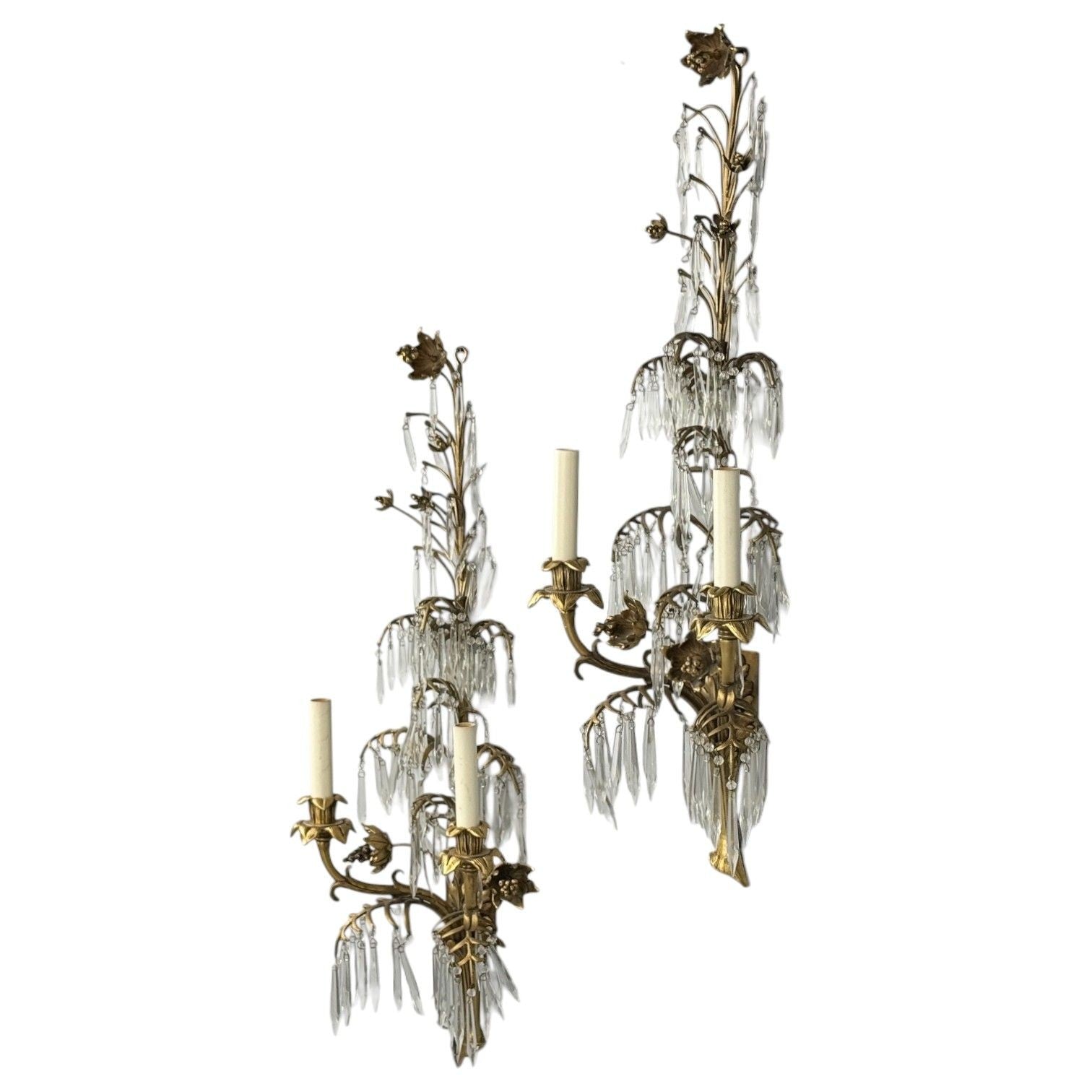 French Louis XV, Bronze, Cut Crystal, Large Wall Sconces, France, 1930s