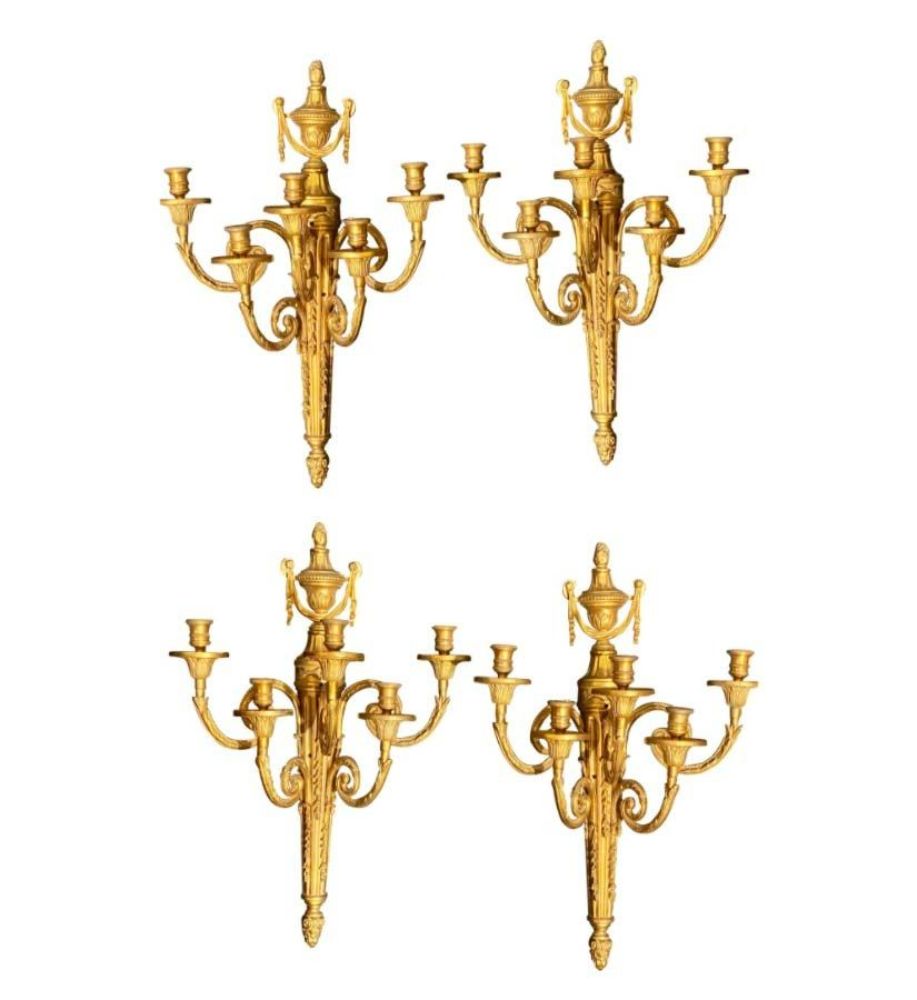 Pair of Adams Style Five Arm Tassel Decorated Dore Bronze Wall Candelabras