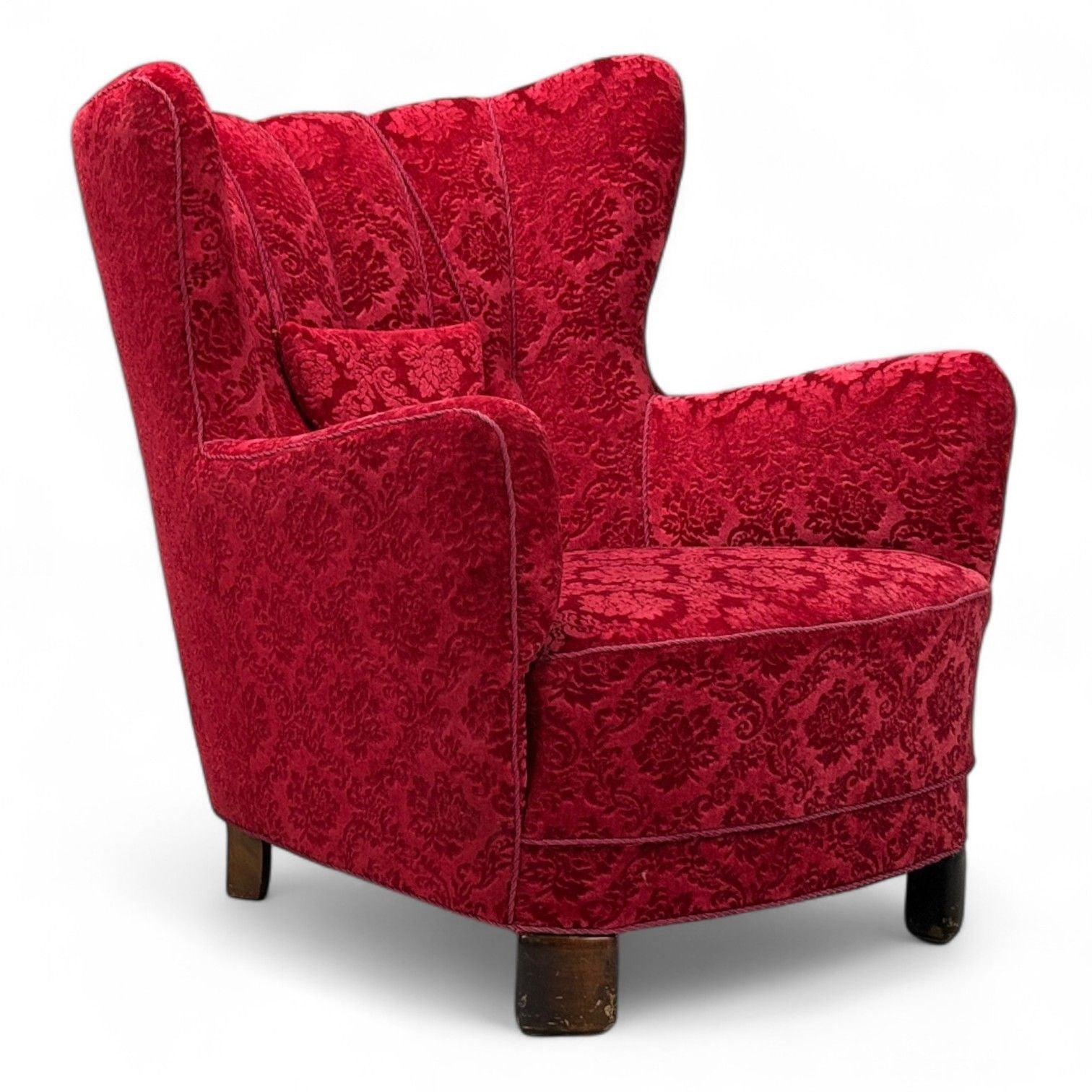 Danish Cabinetmaker, Red Damask, Wood, Lounge Chair, Denmark, 1950s