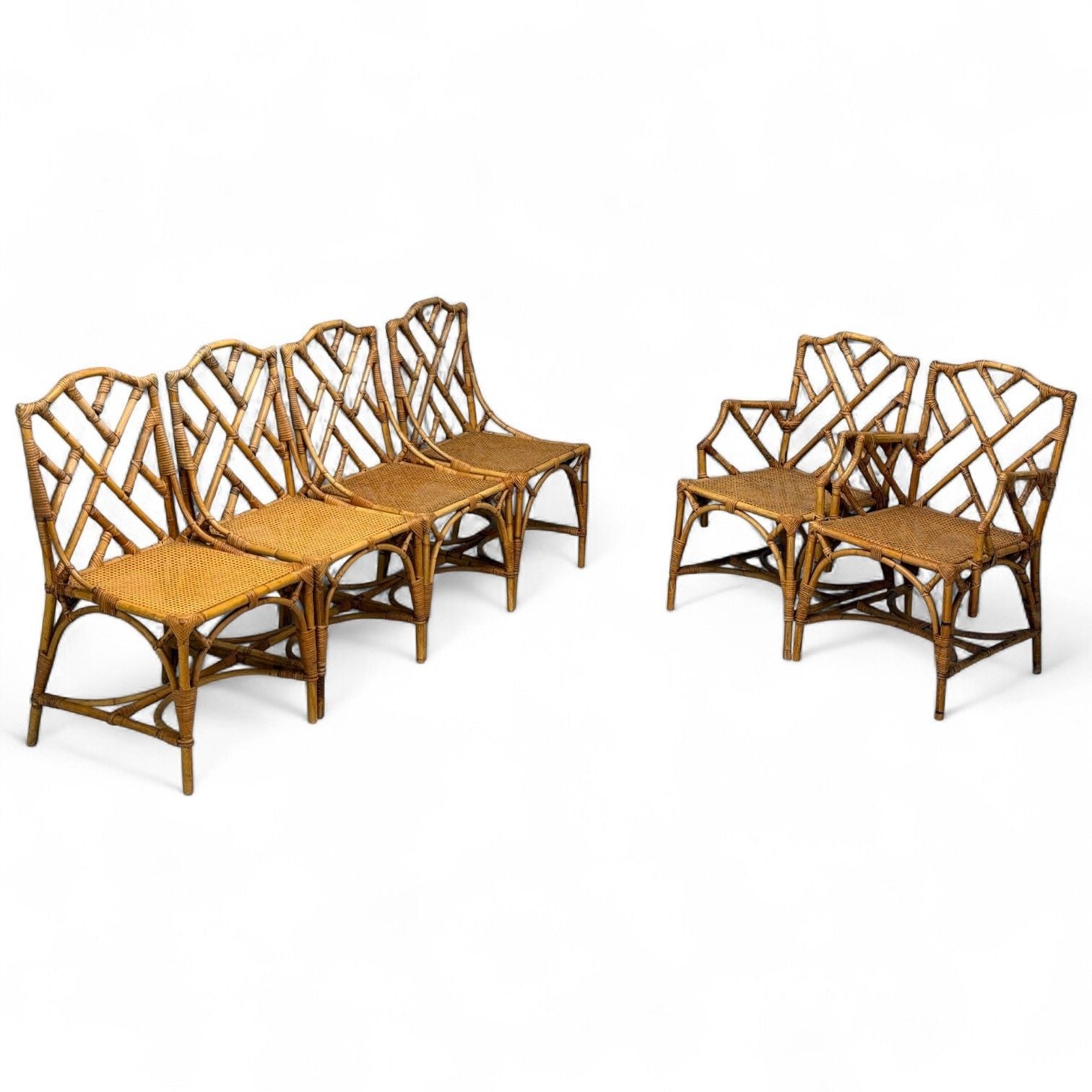 Dal Vera, Italian Modern, Bamboo, Cane, Six Dining Chairs, Italy, 1950s