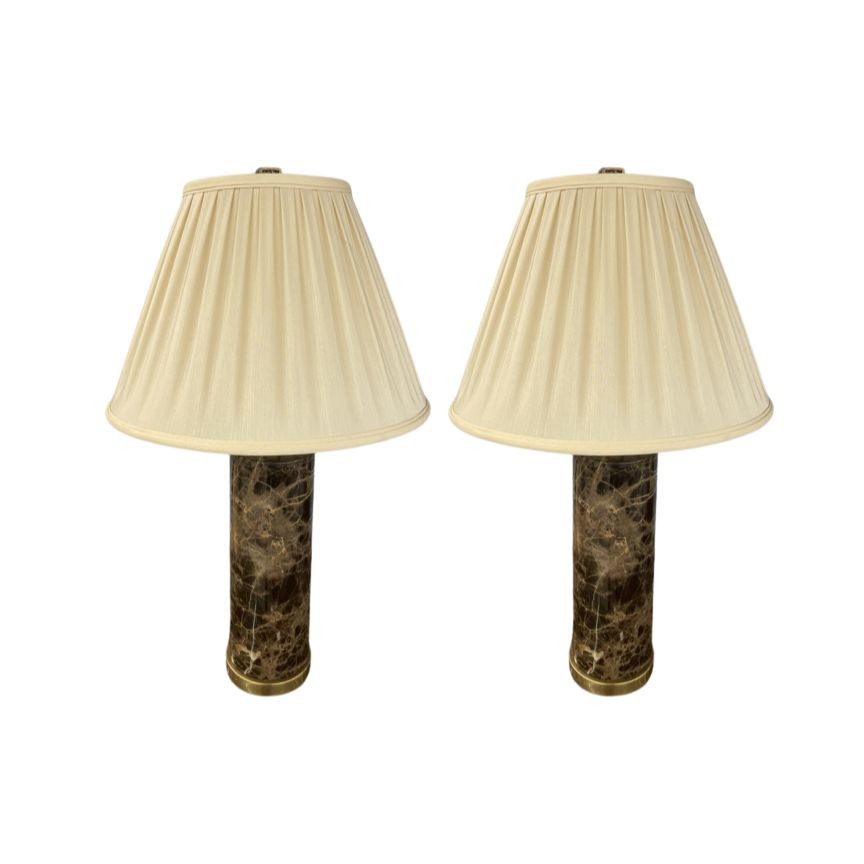 Pair of Modern Solid Marble Cylindrical Table Lamps, Brass Base, Single Bulb