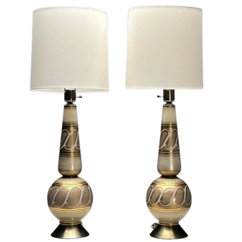 Italian Mid-Century Modern, Large Table Lamps, Gold Glass, Brass, Italy, 1960s