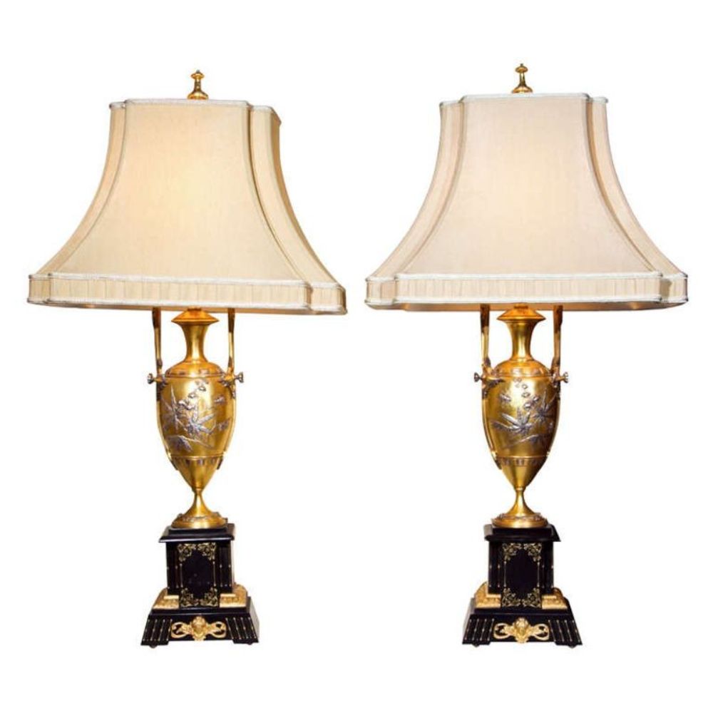 Pair of French Bronze Table Lamps Ebony Base Art Nouveau Style With Linen Shades