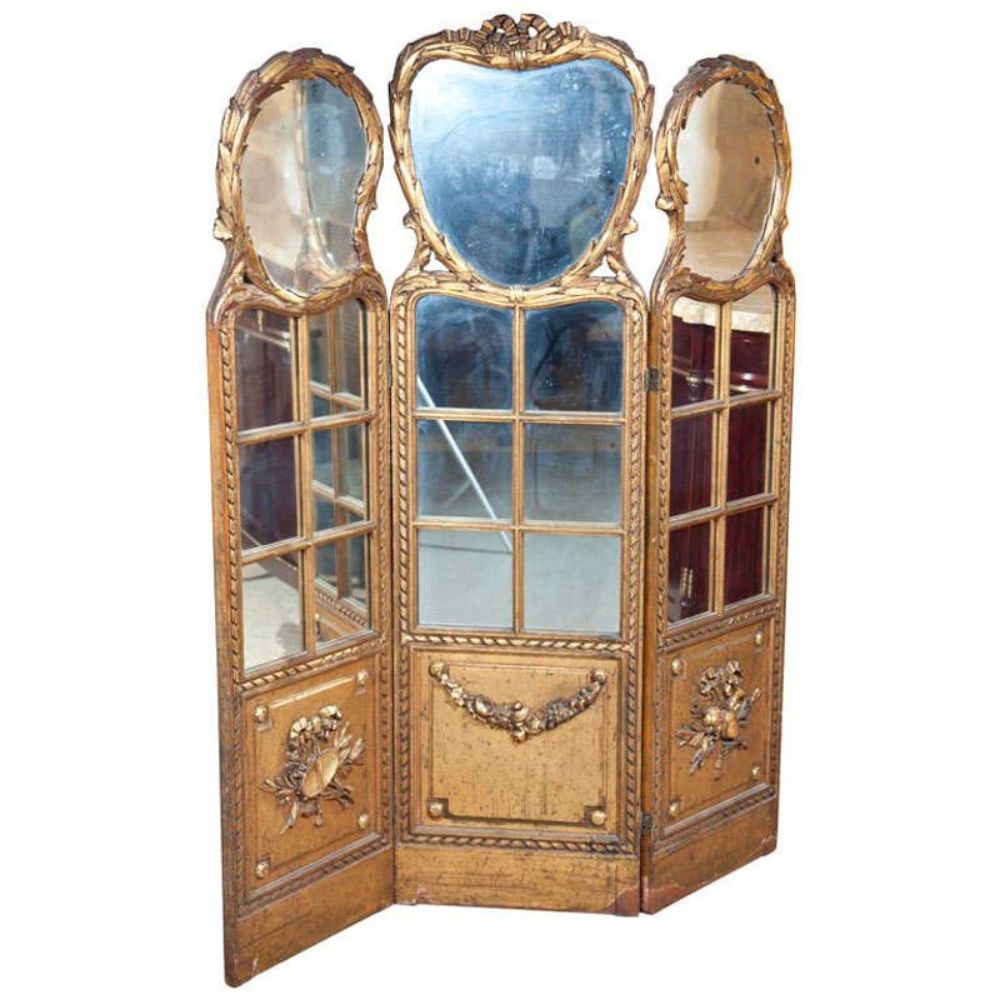Gilt Mirrored Back Three-Panel Louis XVI Style Folding Screen Gilt Gold Finish