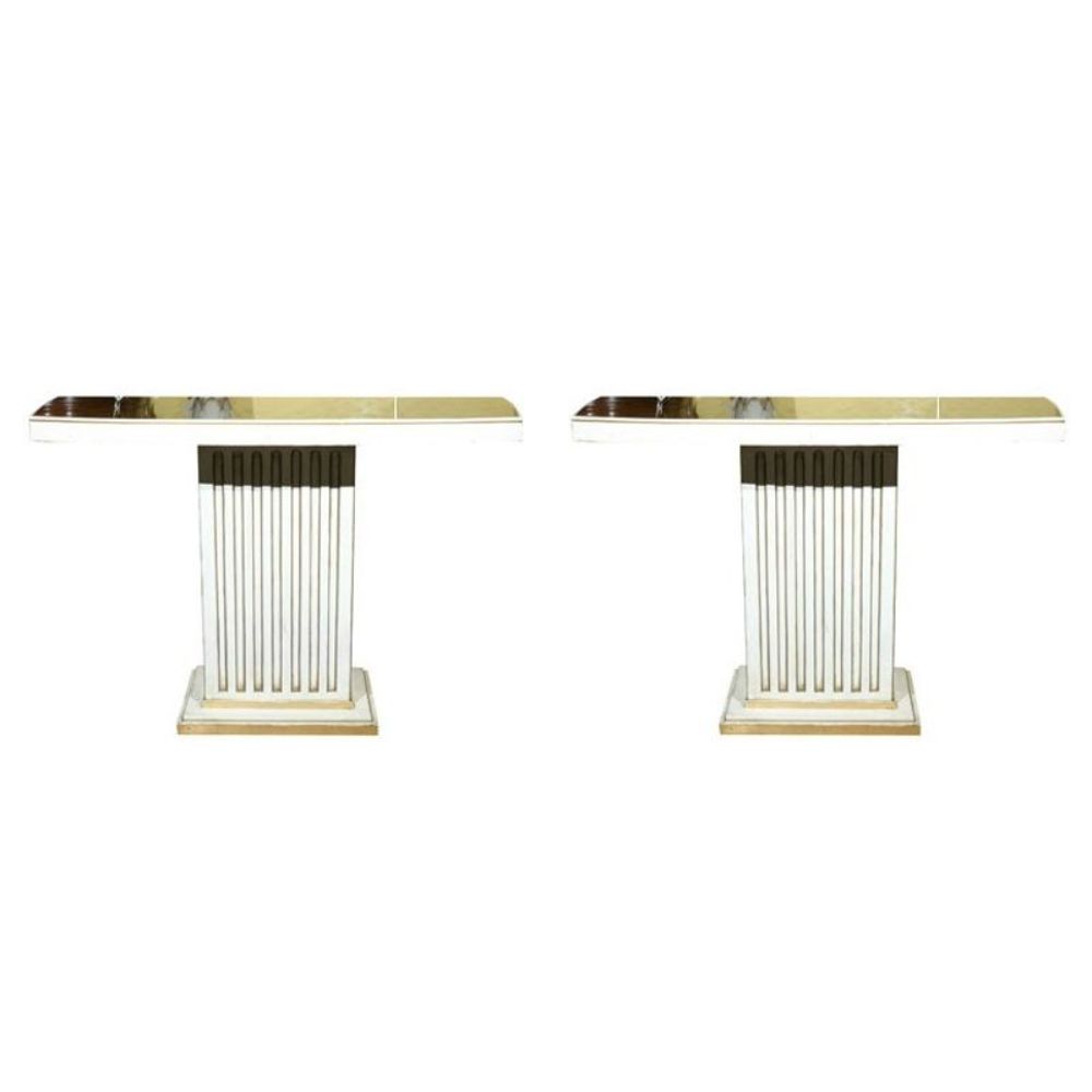 Pair Maison Jansen Painted and Eglomise Emerald Green Glass Top Console Tables