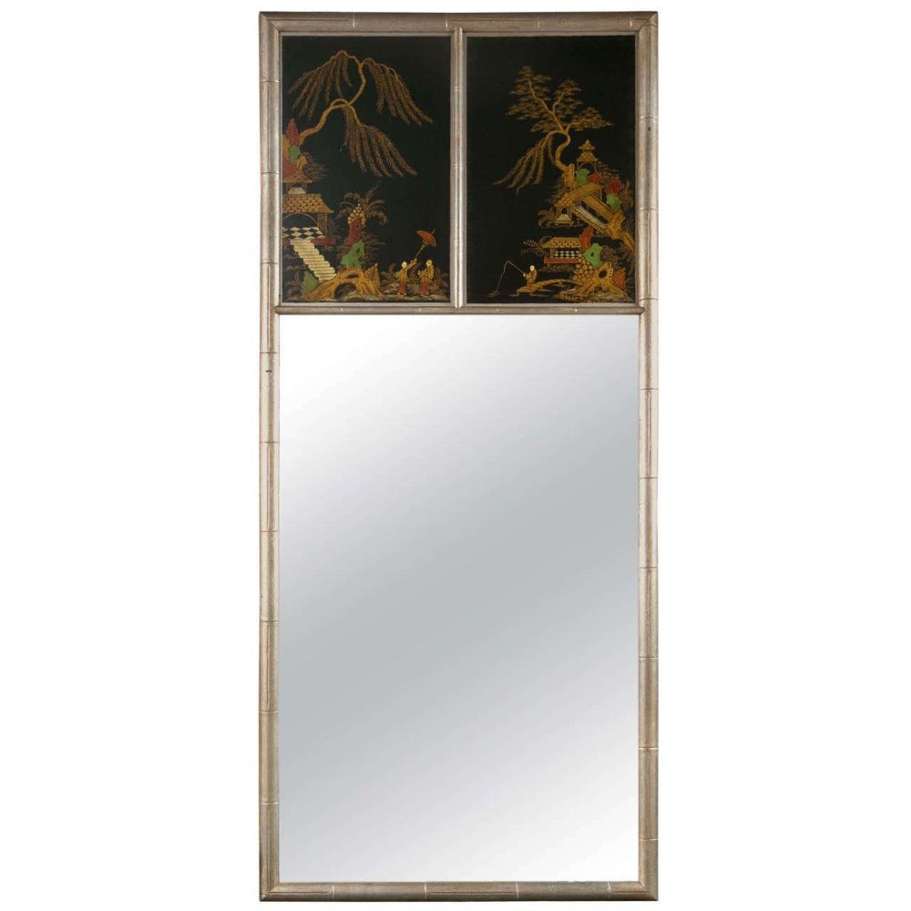 Chinoiserie Hand Painted Style Faux Silver Bamboo Mirror Decorative
