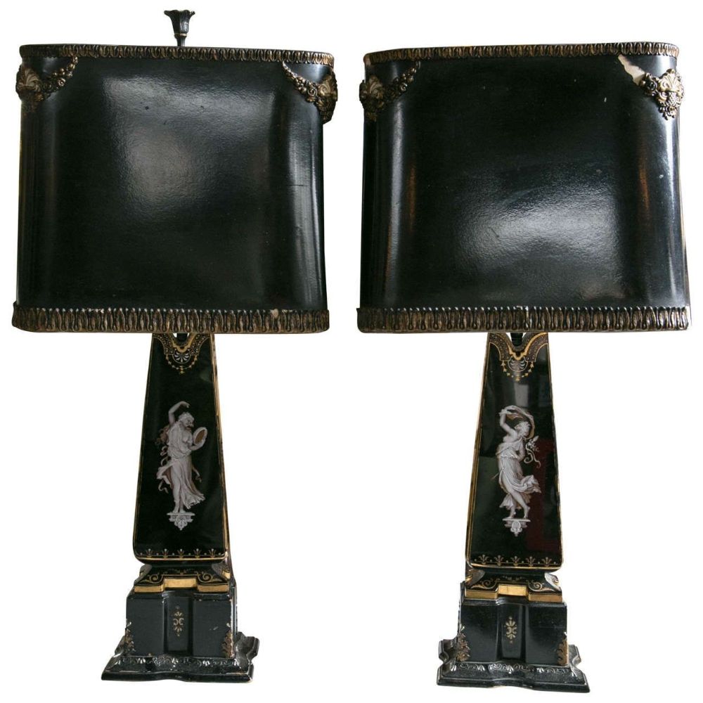 Pair Exquisite Opaline and Paint Decorated Table Lamps W/ Opposing Dancing Lady