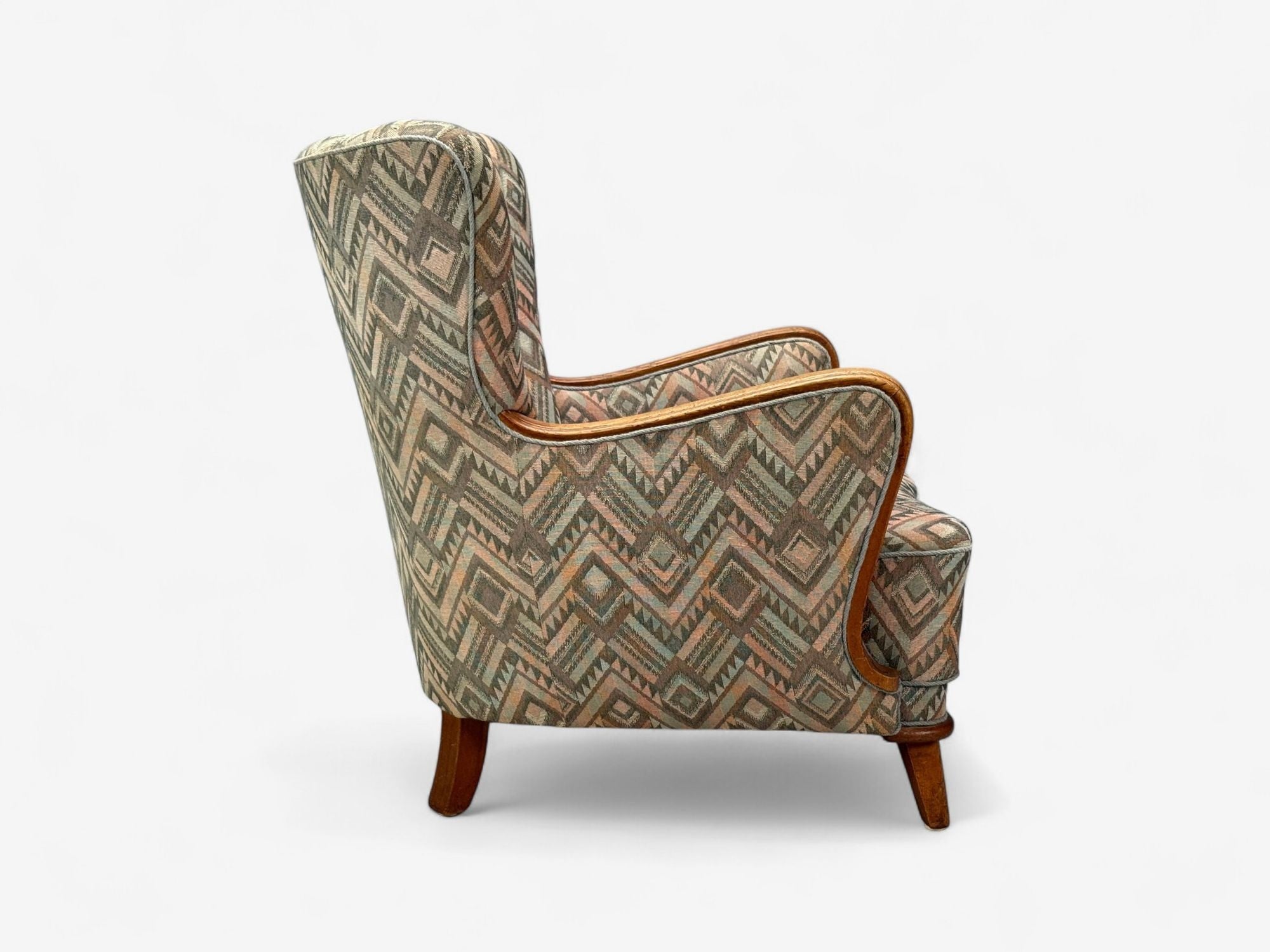 Swedish Art Deco, Stained Wood, Fabric, Organic Lounge Chairs, Sweden, 1970s