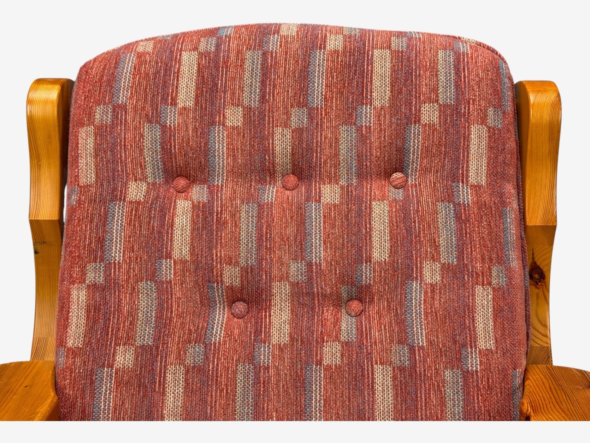 Swedish Modern, Pine, Red Fabric, Brutalist Lounge Chairs, Sweden, 1950s