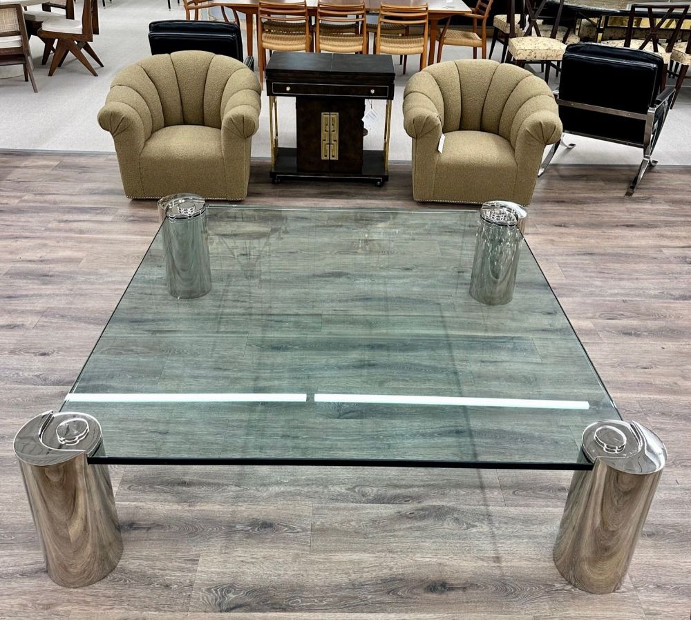 Mid-Century Modern Karl Springer Signed Chrome Coffee, Cocktail Table, Glass Top