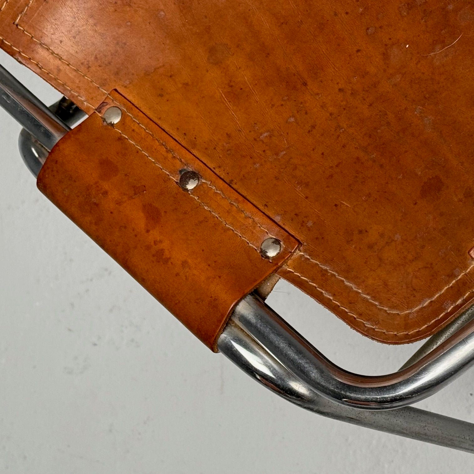 Charlotte Perriand, French Mid-Century Modern, Dining Chairs, Distressed Leather