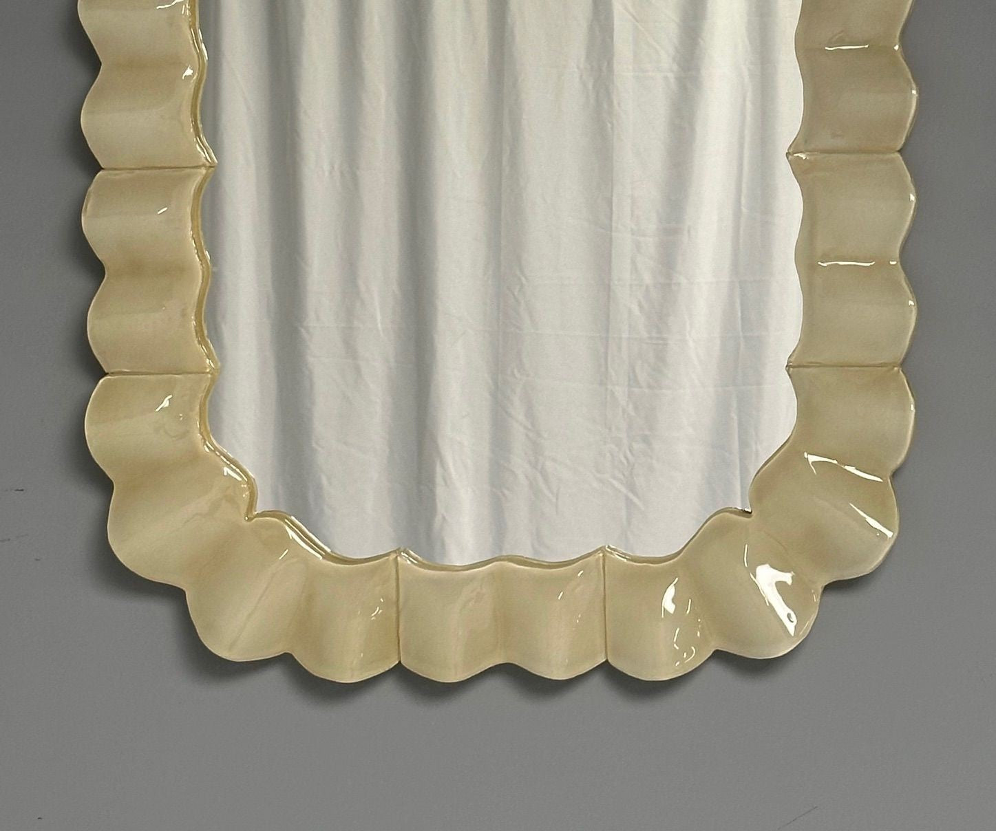Modern Ruffle Wall Mirrors, White Murano Glass, Brass, Italy, 21st c.