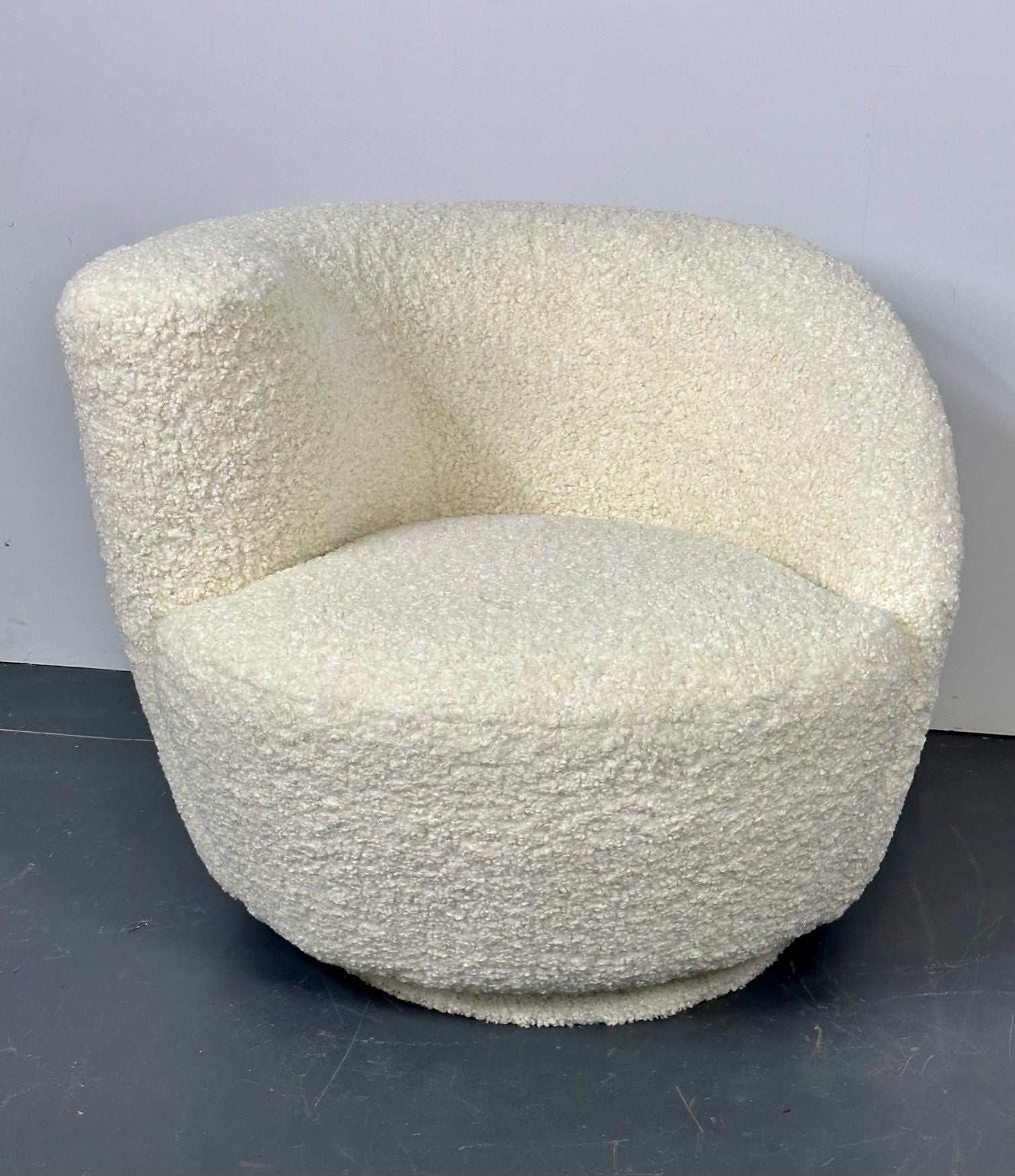 Mid-Century Modern Nautilus Style Swivel Chairs, Kidney-Shape, White Boucle