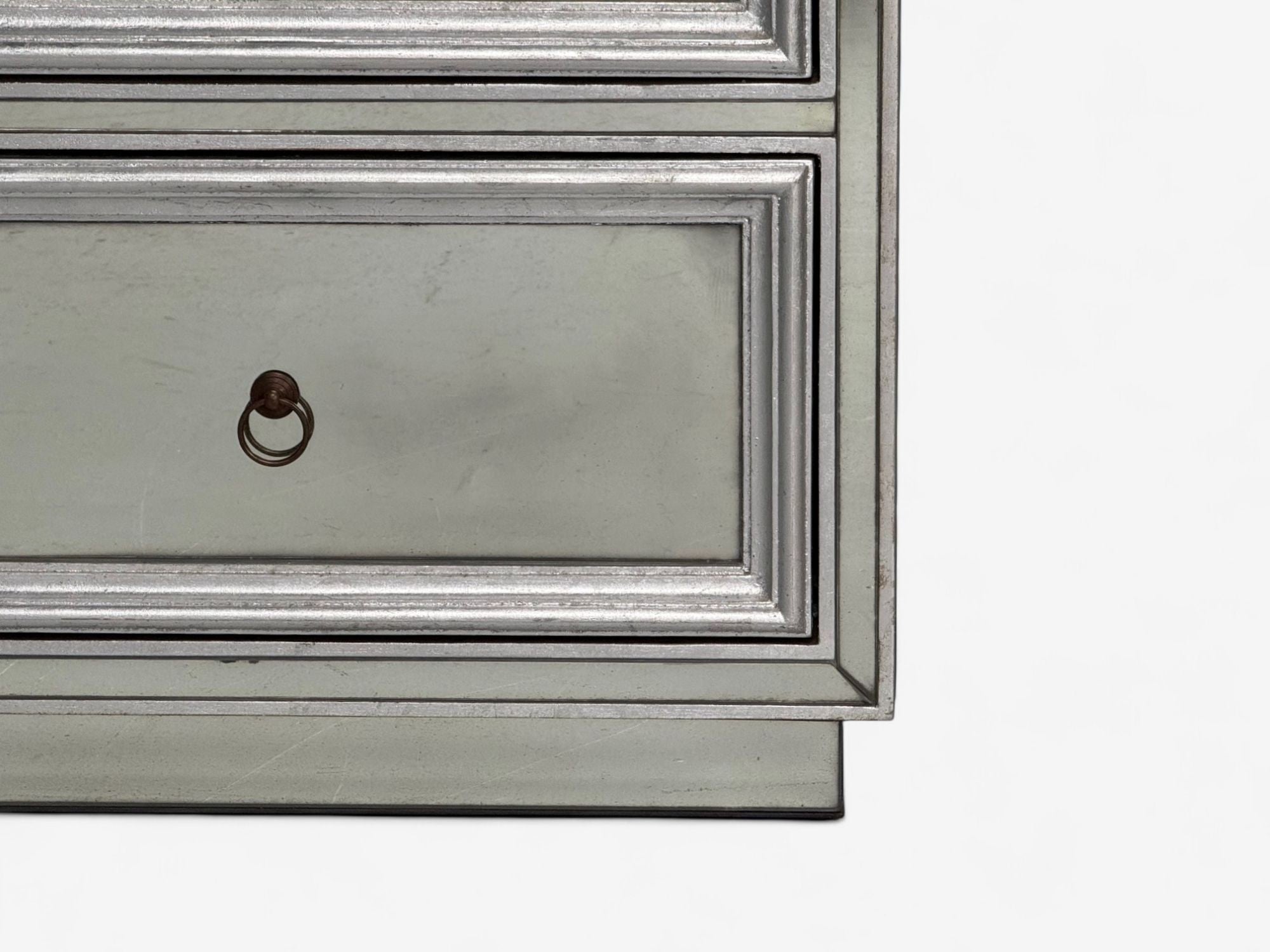 Hollywood Regency Style, Silver Leaf, Distressed Glass, Mirrored Nightstands