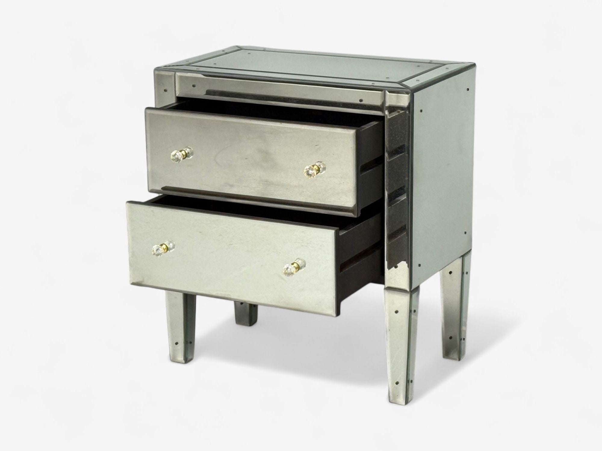 Hollywood Regency Style, Wood, Antique Beveled Glass, Mirrored Nightstands