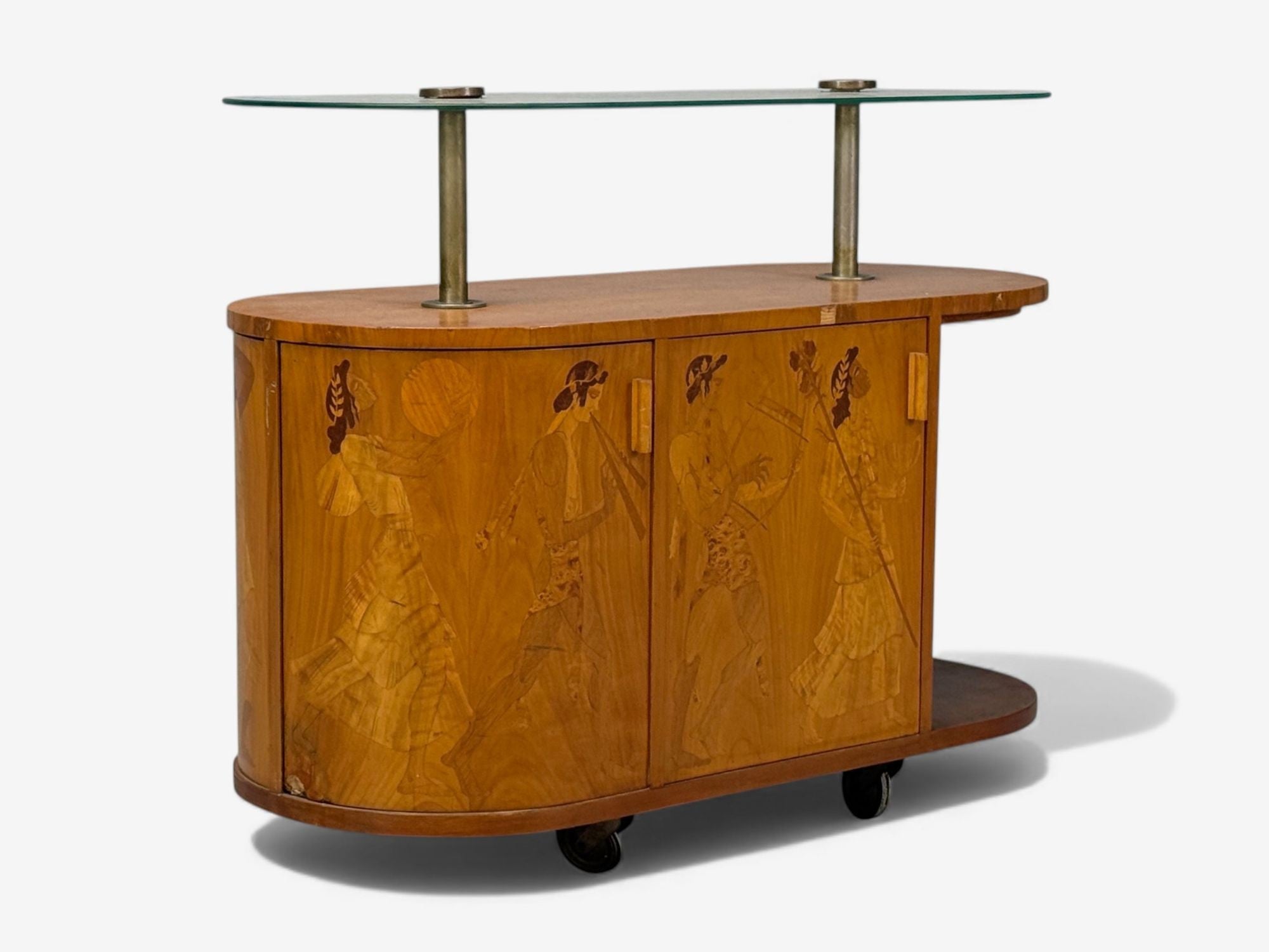 Erik Mattsson, Art Deco, Marquetry, Glass, Rare Bar Cart, Sweden c. 1939