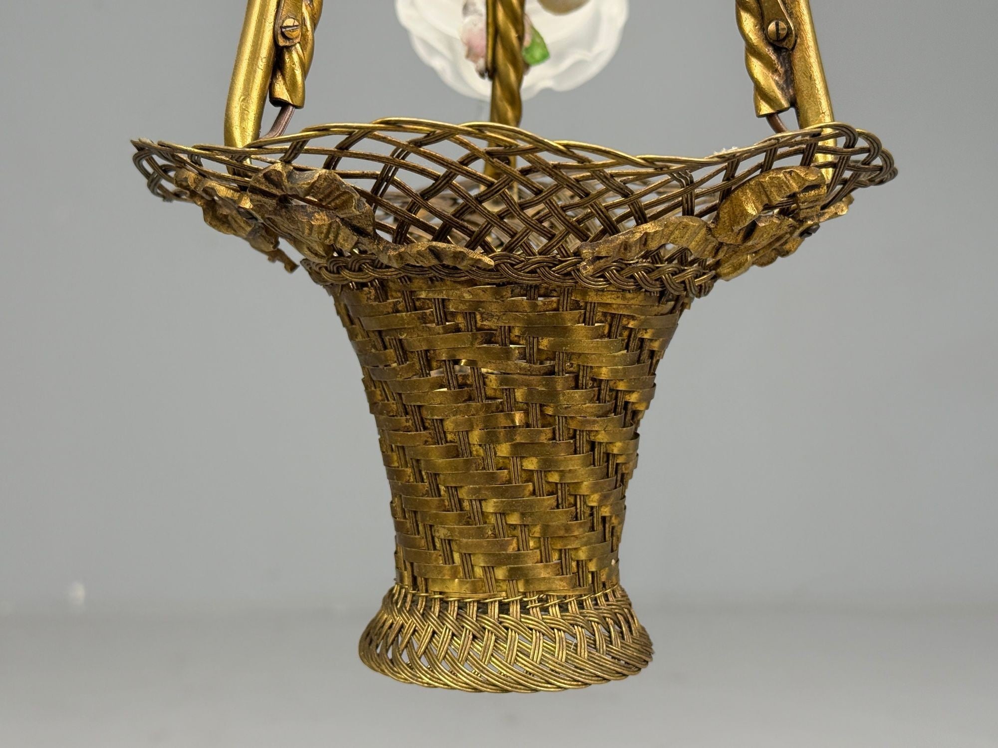 Belle Epoque Style, Basket Chandelier, Bronze, Porcelain, 1940s