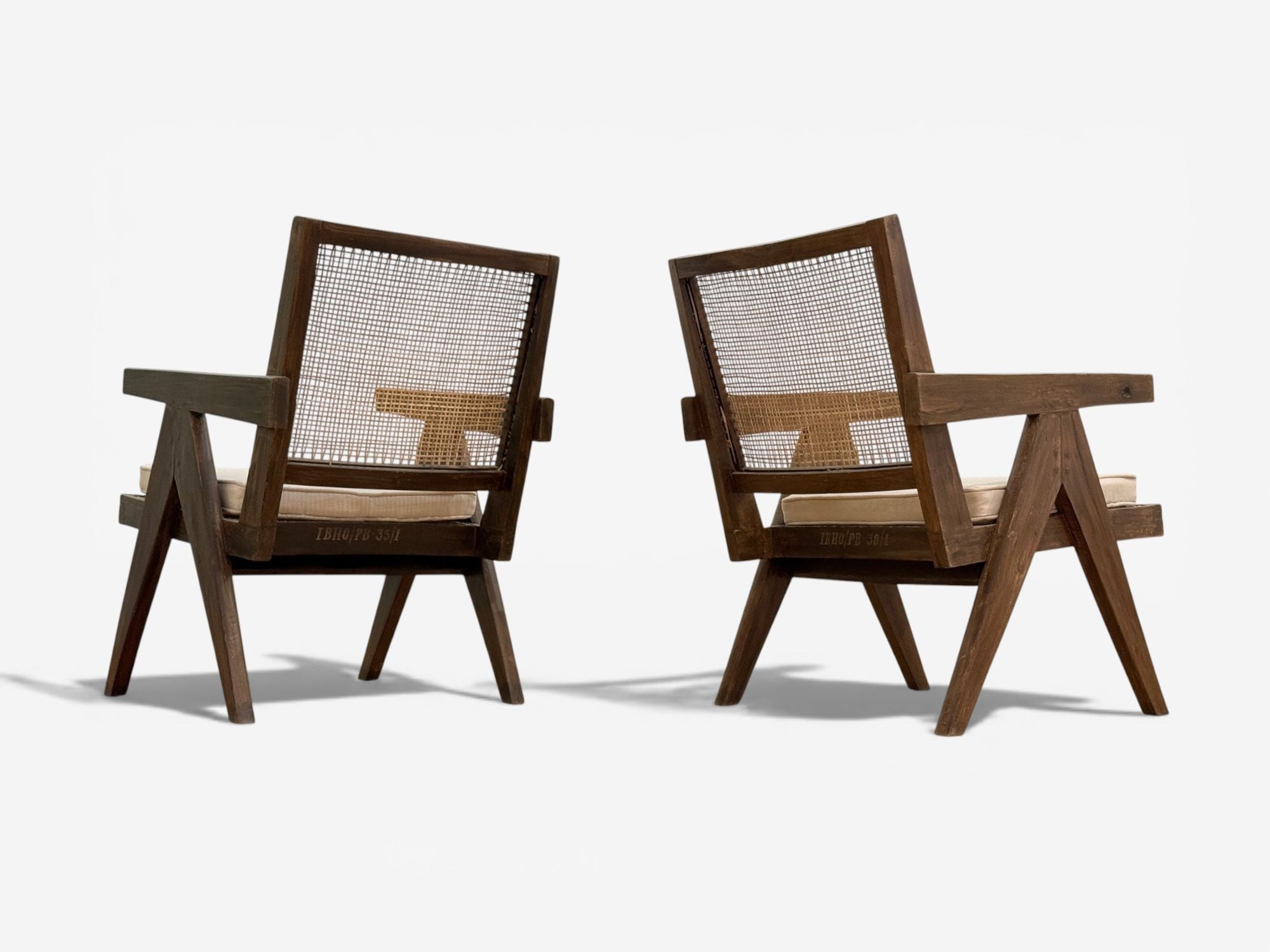 Pierre Jeanneret, Teak, Cane, Low Easy Chairs, Chandigarh, India c. 1960s