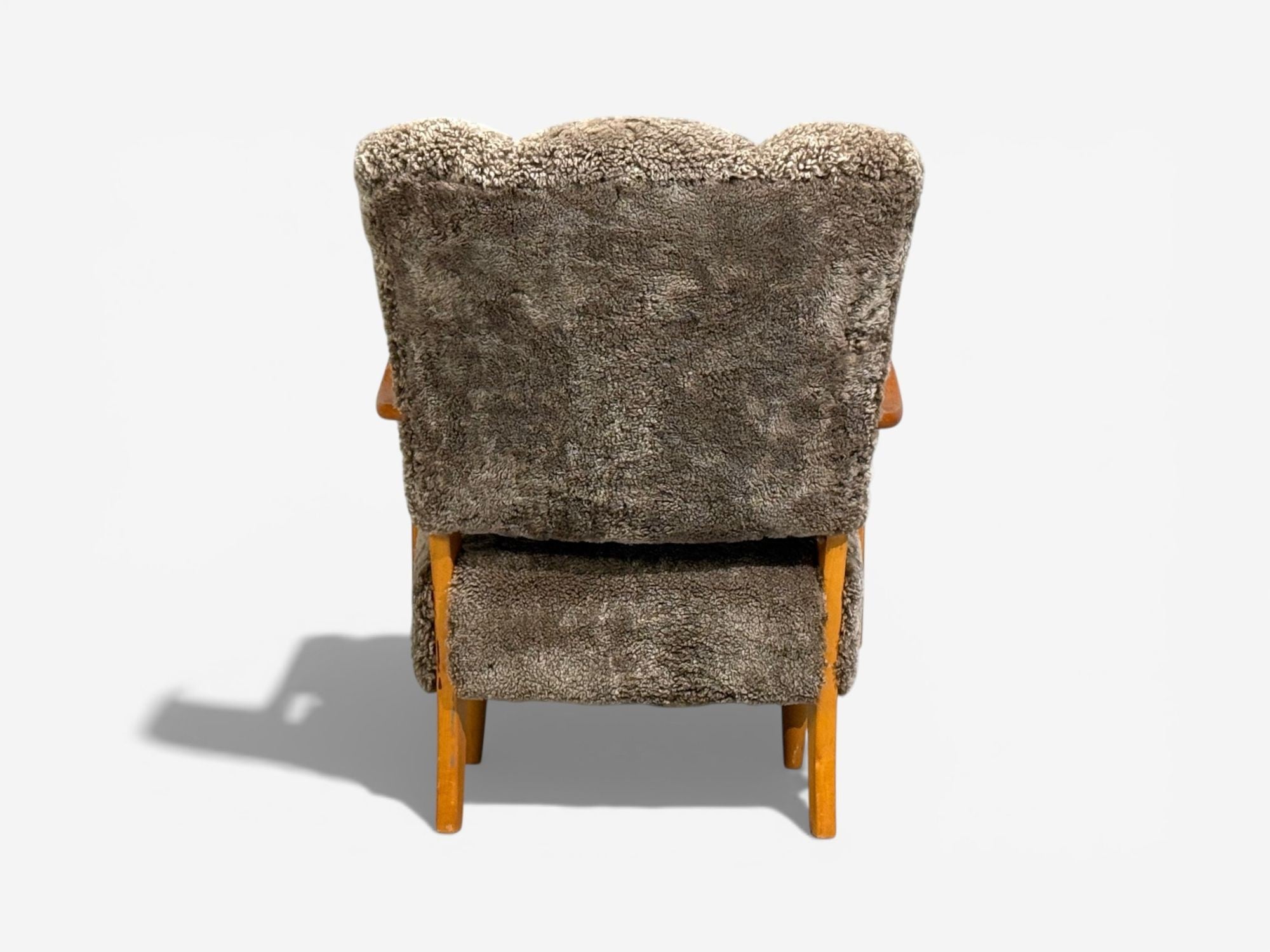 Swedish Modern, Lounge Chairs, Elm, Gray Shearling, Sweden, 1940s
