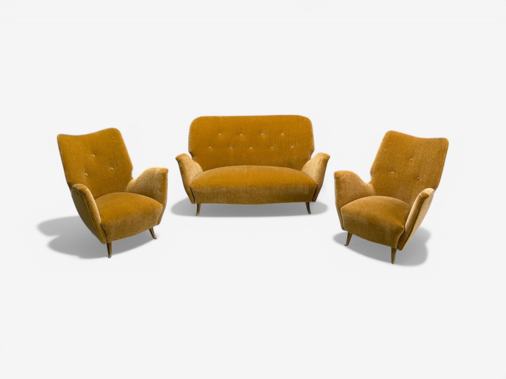 ISA Bergamo, Italian Mid-Century, Bronze, Camel Mohair, Lounge Chairs, 1950s