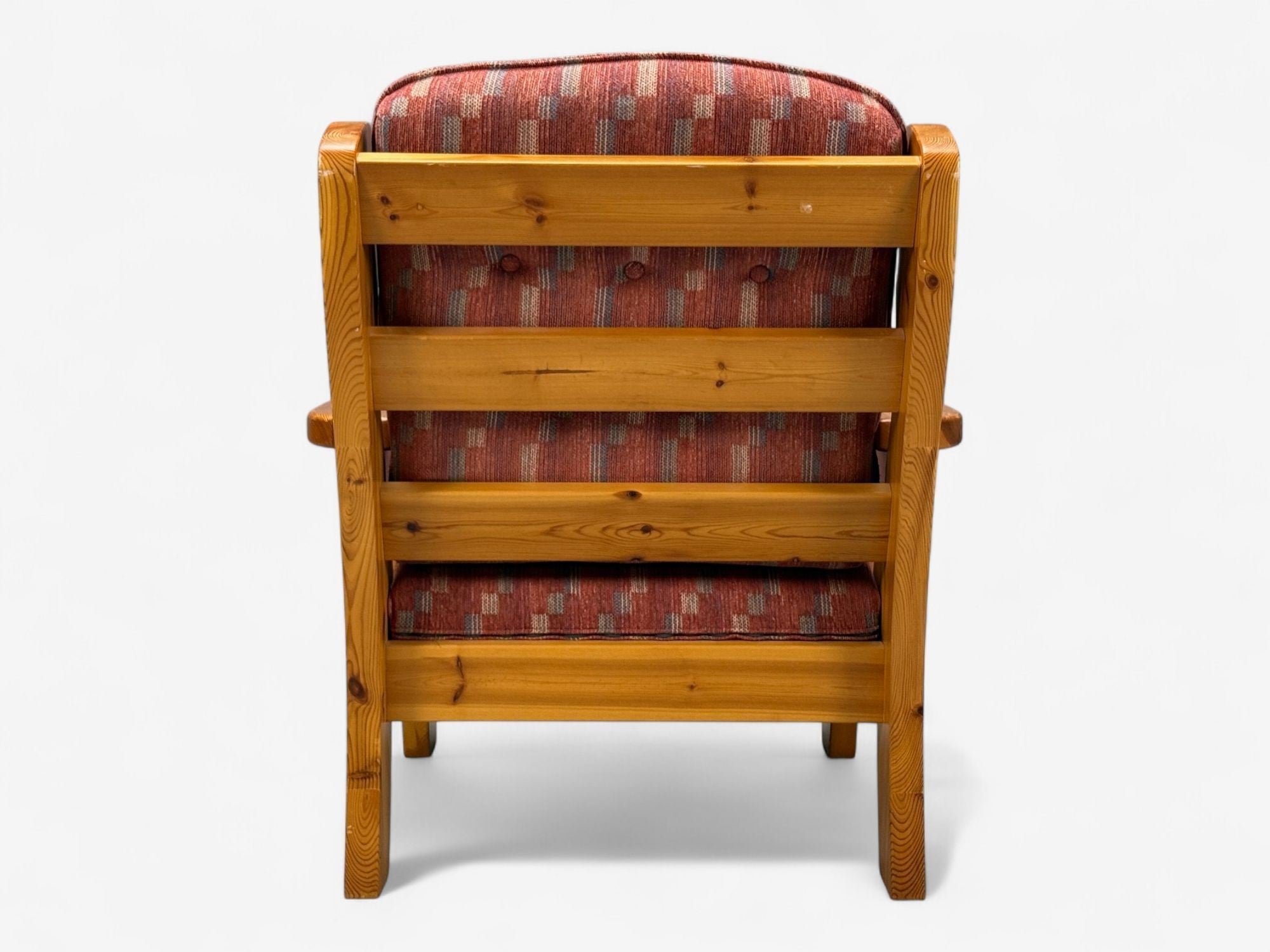 Swedish Modern, Pine, Red Fabric, Brutalist Lounge Chairs, Sweden, 1950s