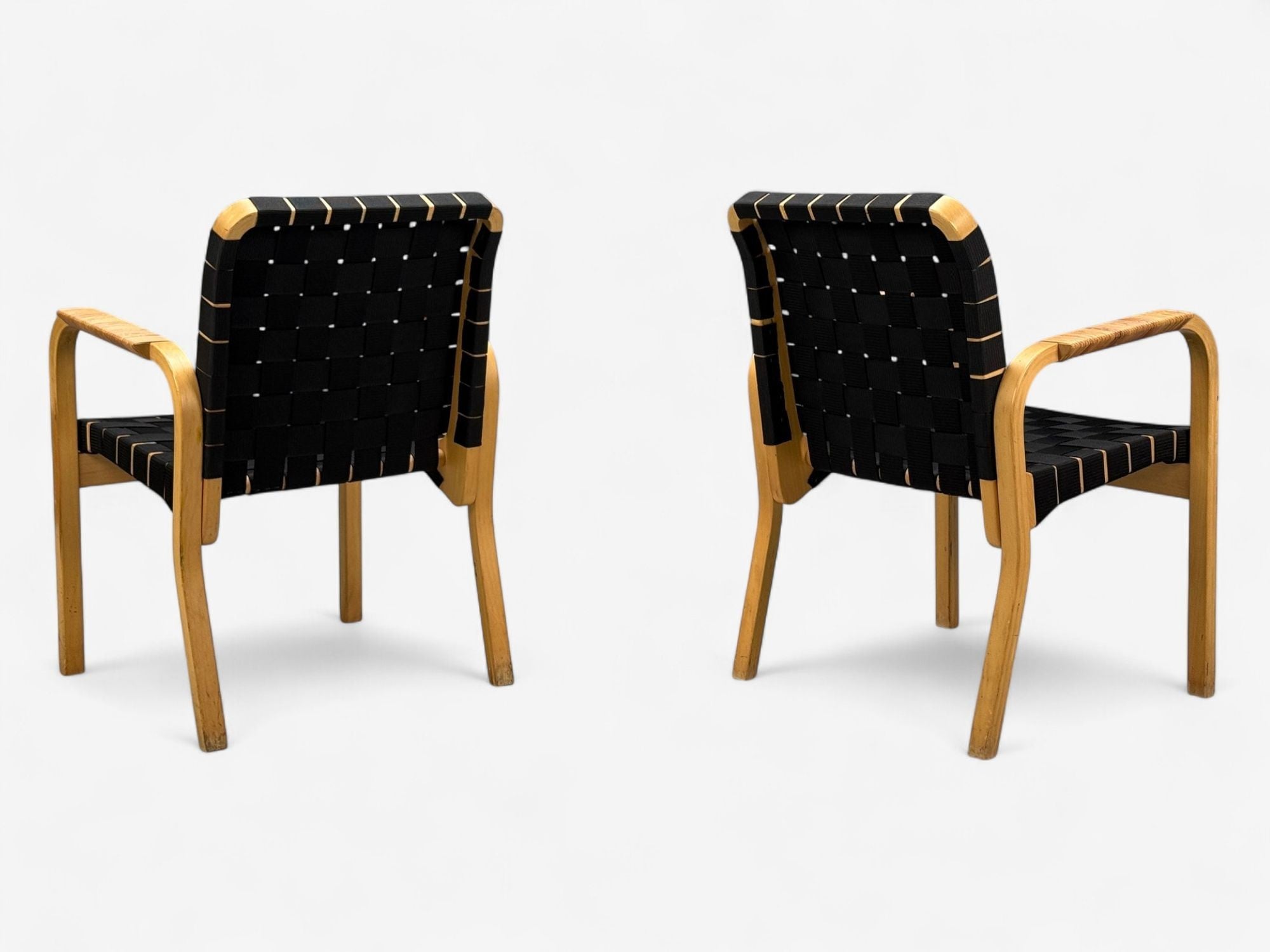Alvar Aalto, Birch, Rattan, Black Linen Webbing, Armchairs, Finland, 1980s