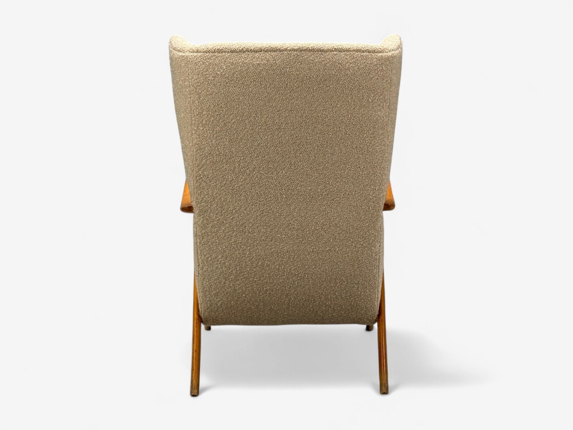 Italian Modern, Beige Boucle, Wood, Sculptural Lounge Chairs, Italy, 1960s