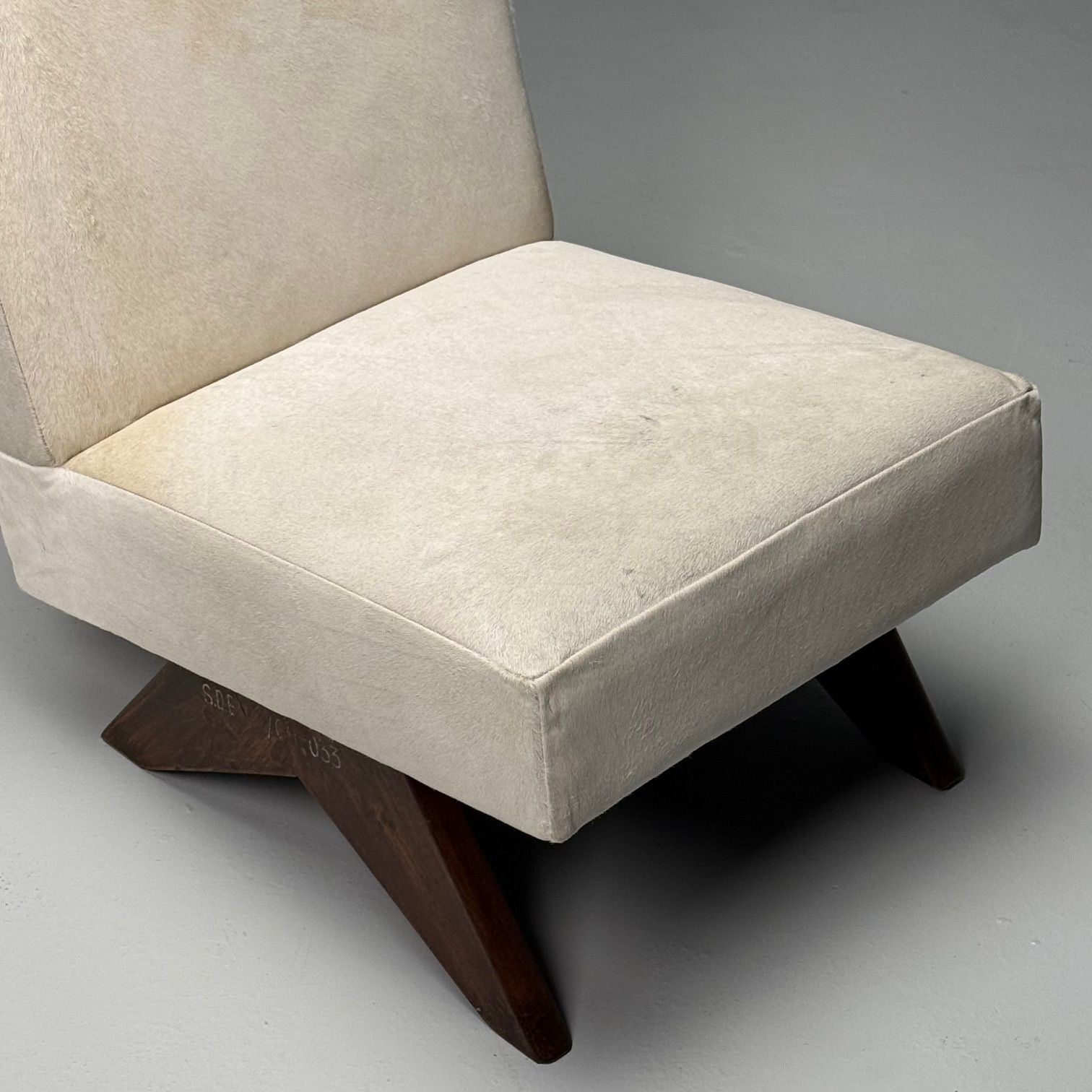 Pierre Jeanneret, White Cowhide, Teak, Fireside Chairs, India c. 1960s