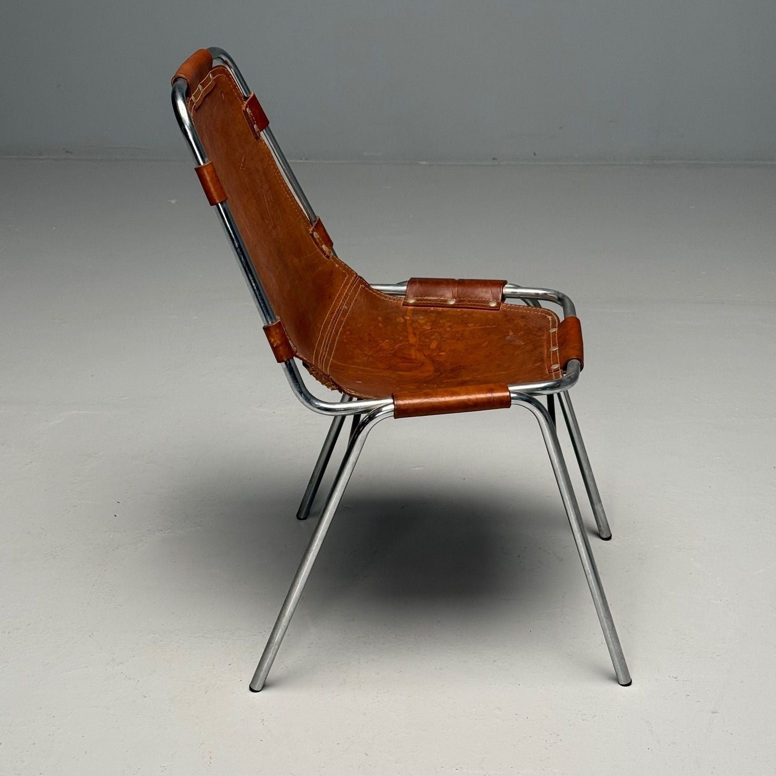 Charlotte Perriand, French Mid-Century Modern, Dining Chairs, Distressed Leather