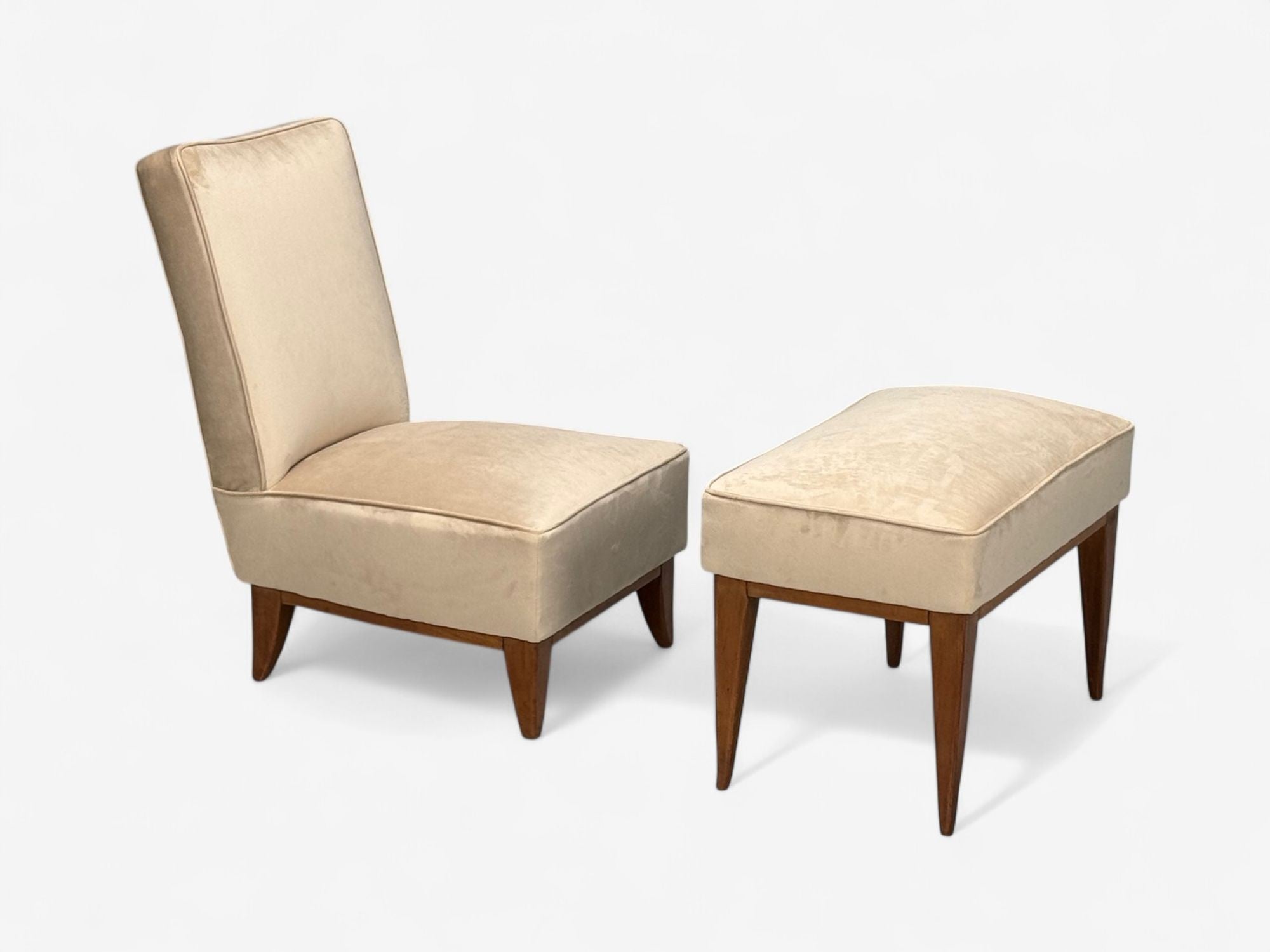 Guglielmo Pecorini, Stained Wood, Beige Velvet, Low Lounge Chair, Italy, 1950s