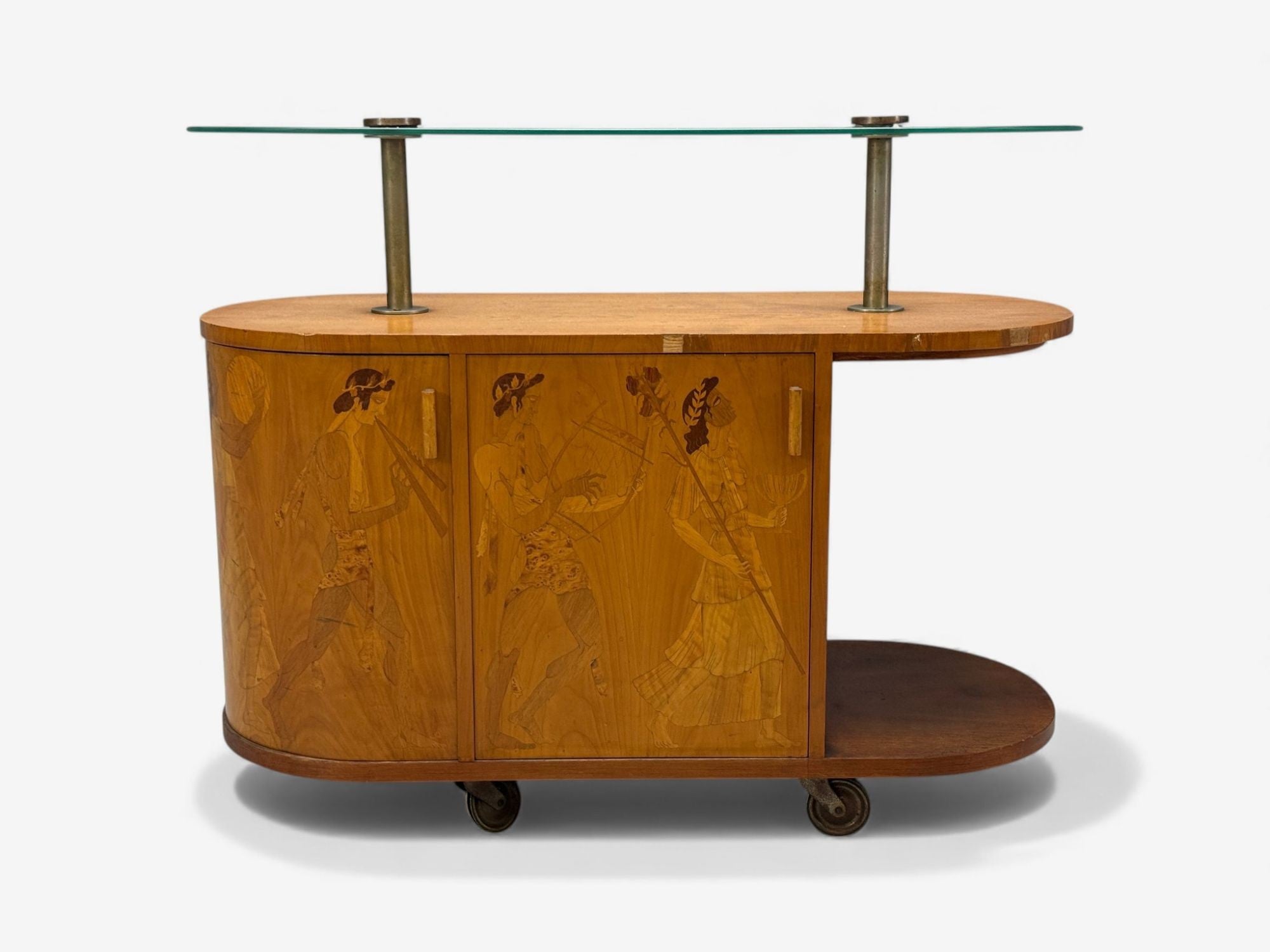 Erik Mattsson, Art Deco, Marquetry, Glass, Rare Bar Cart, Sweden c. 1939