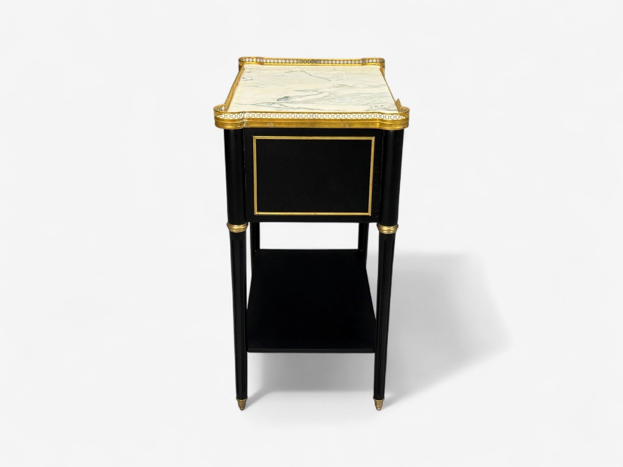 Maison Jansen Style, Hollywood Regency, Brass, Marble, Ebonized Open Nightstands