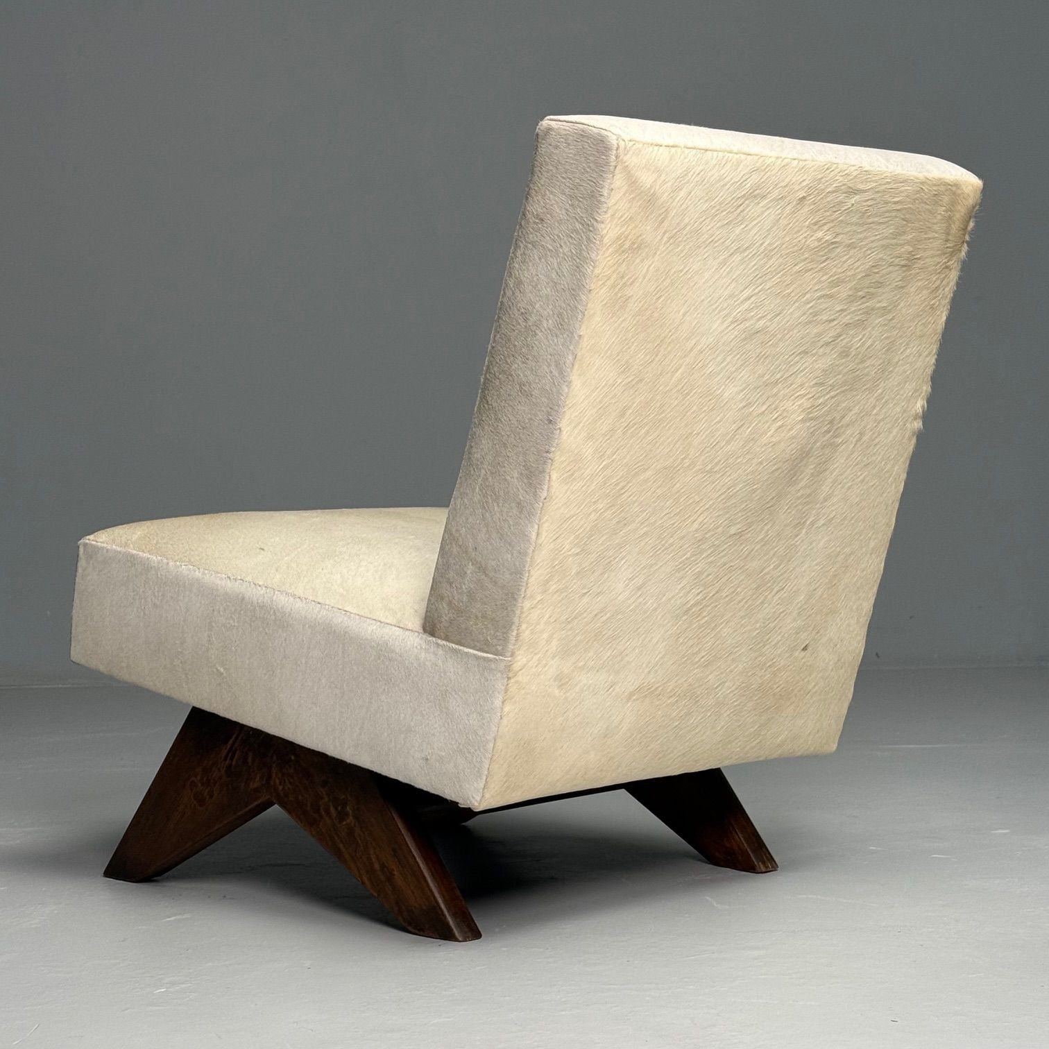 Pierre Jeanneret, White Cowhide, Teak, Fireside Chairs, India c. 1960s