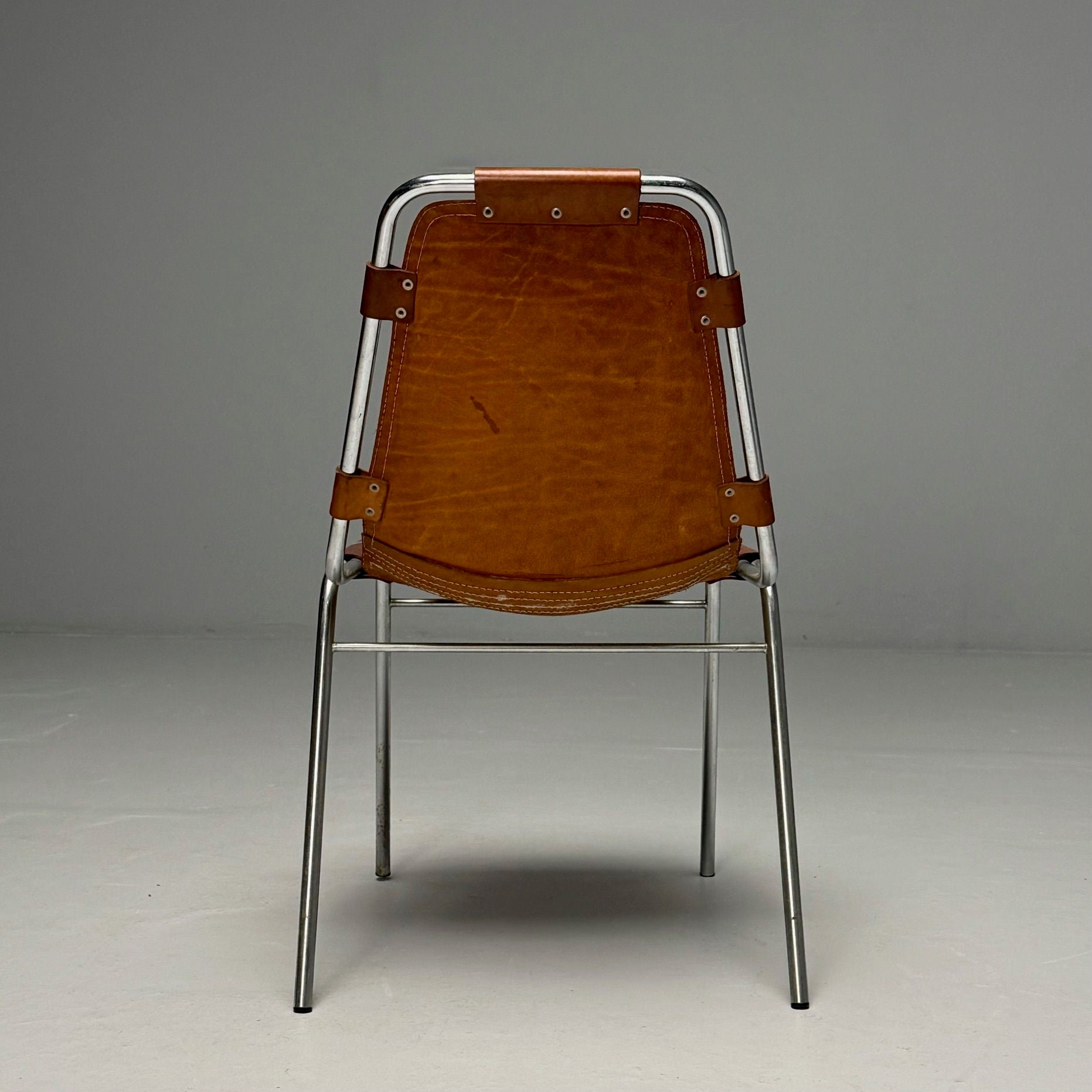 Charlotte Perriand, French Mid-Century Modern, Dining Chairs, Distressed Leather