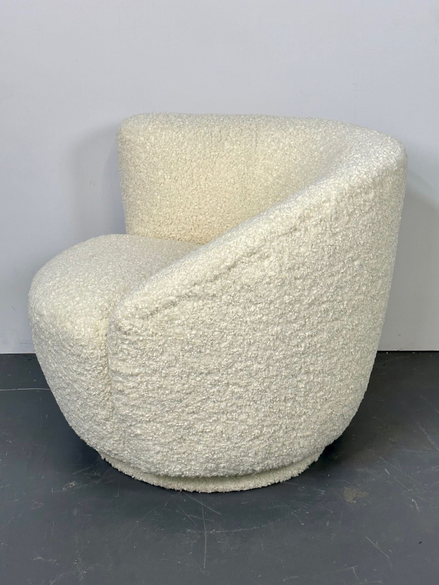 Mid-Century Modern Nautilus Style Swivel Chairs, Kidney-Shape, White Boucle