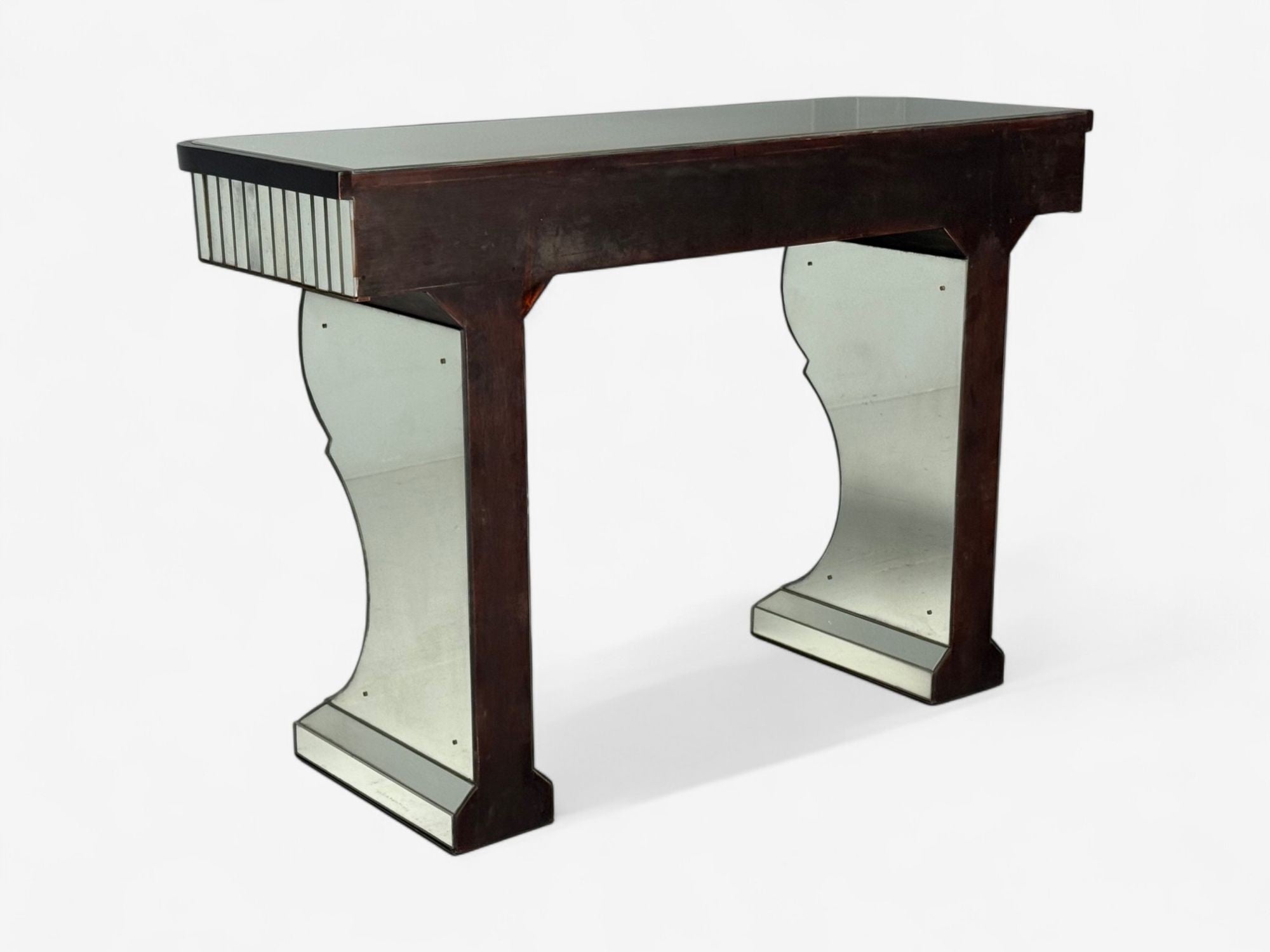 Serge Roche Style, Distressed Glass, Painted Wood, Mirrored Console Tables