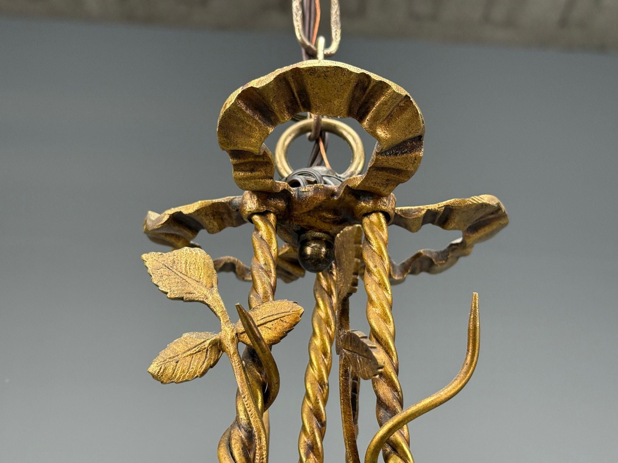 Belle Epoque Style, Basket Chandelier, Bronze, Porcelain, 1940s