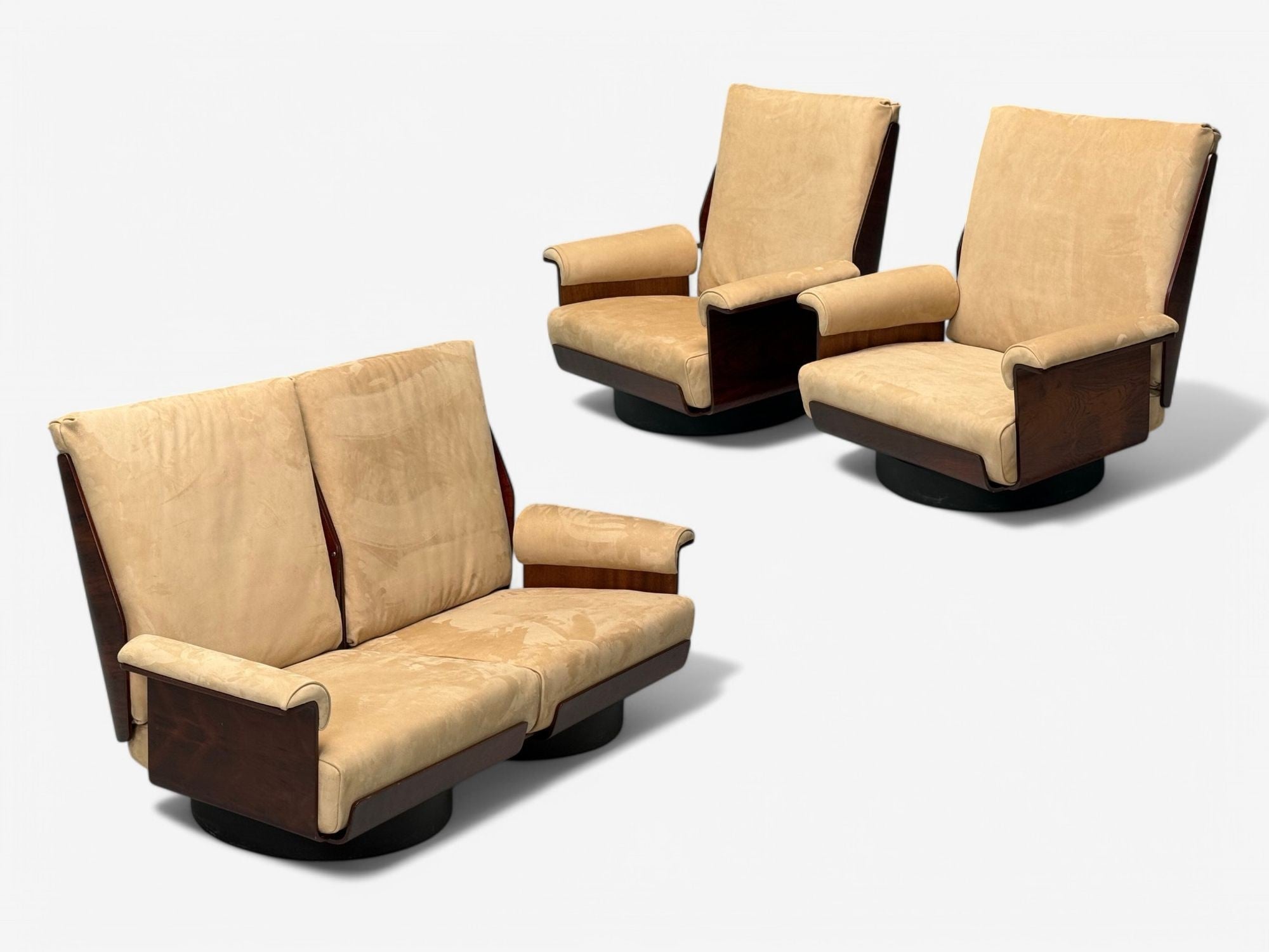 Bernard Brunier, French Mid-Century Modern, Rosewood, Suede, Settee, 1960s