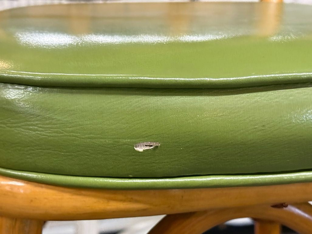 Dutch Modern, Bamboo, Green Leather, Three Barstools, Netherlands, 1970s