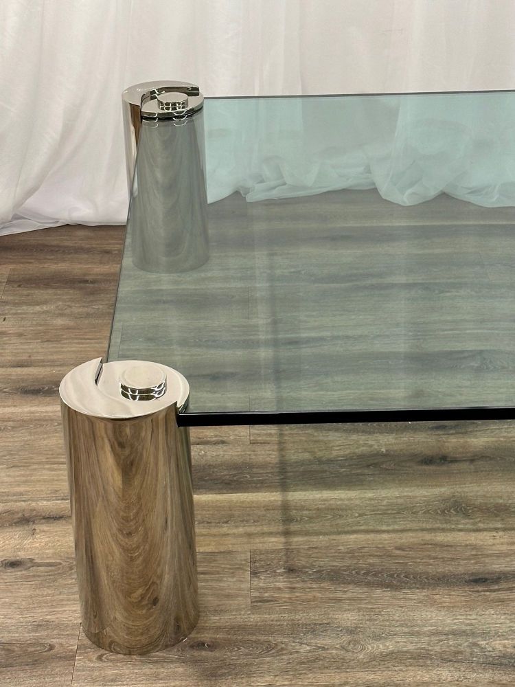 Mid-Century Modern Karl Springer Signed Chrome Coffee, Cocktail Table, Glass Top