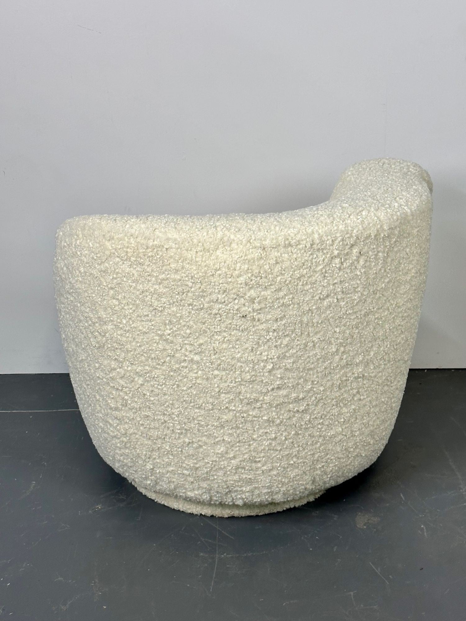 Mid-Century Modern Nautilus Style Swivel Chairs, Kidney-Shape, White Boucle