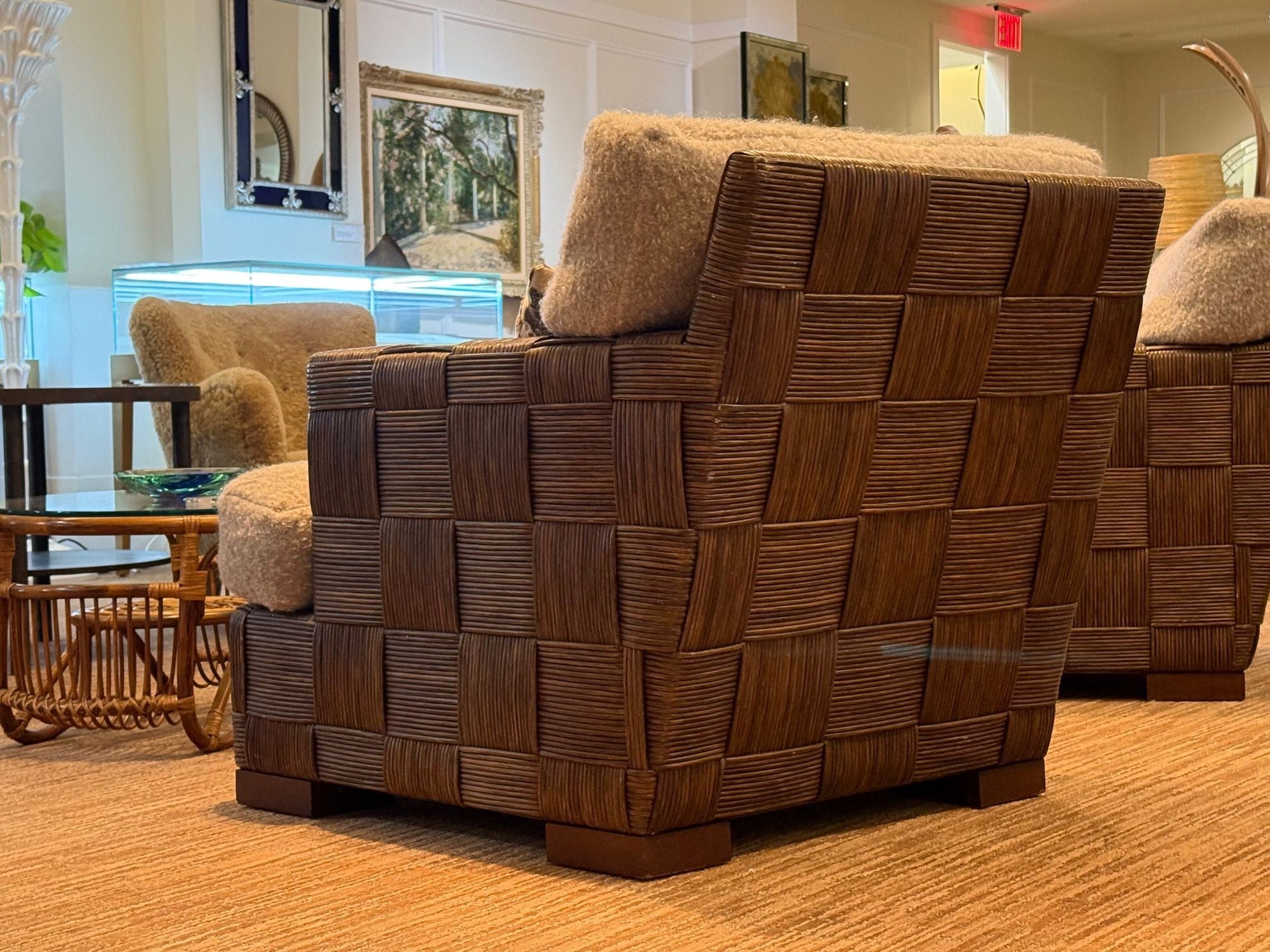 John Hutton, Woven Cane, Mahogany, Oversized Lounge Chairs, USA, 1990s