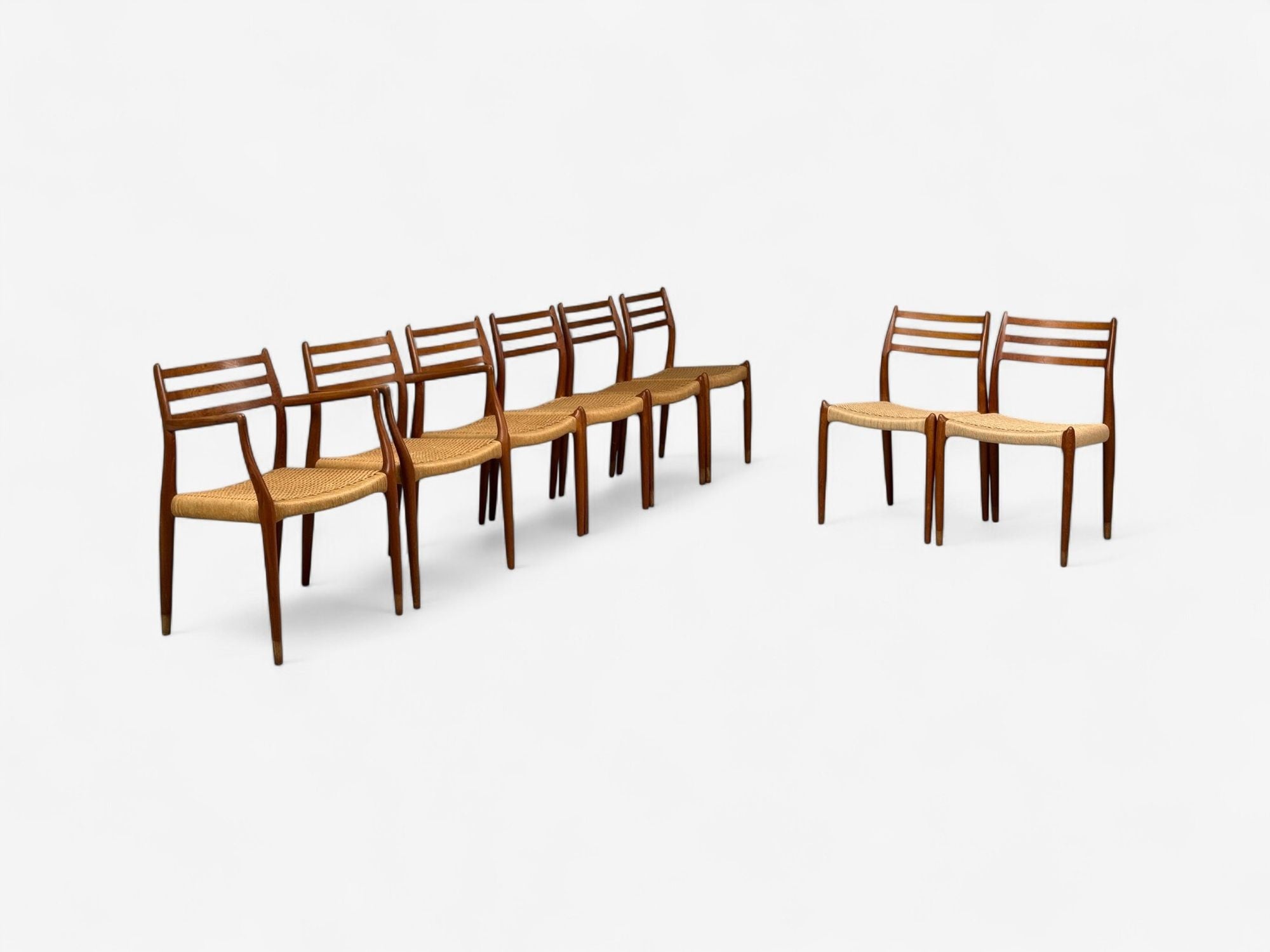 Neils O. Möller, Danish Papercord, Teak, Dining Chairs, Denmark, 1950s